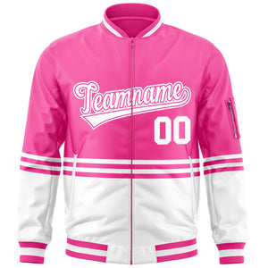 Custom Pink White-Pink Varsity Full-Zip Color Block Letterman Bomber Jacket