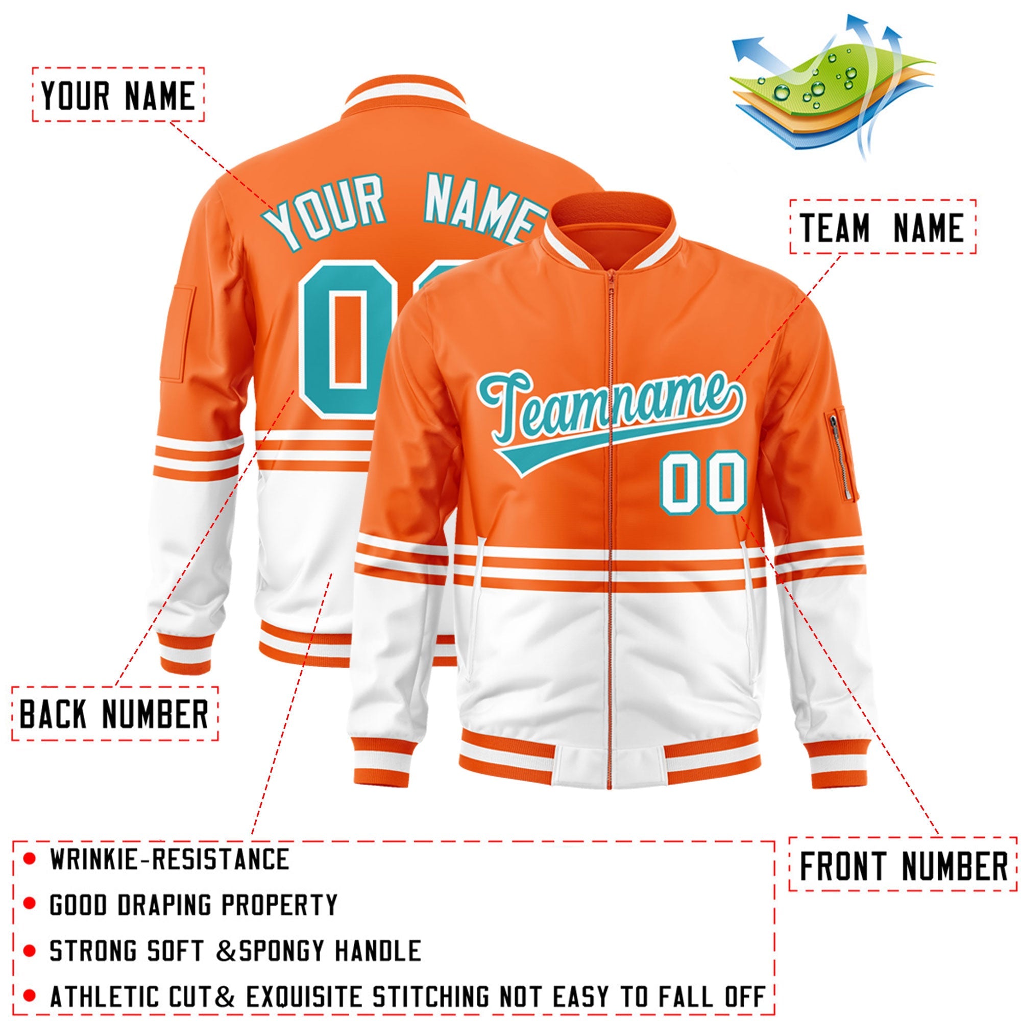 Custom Orange Aqua-White Varsity Full-Zip Color Block Letterman Bomber Jacket