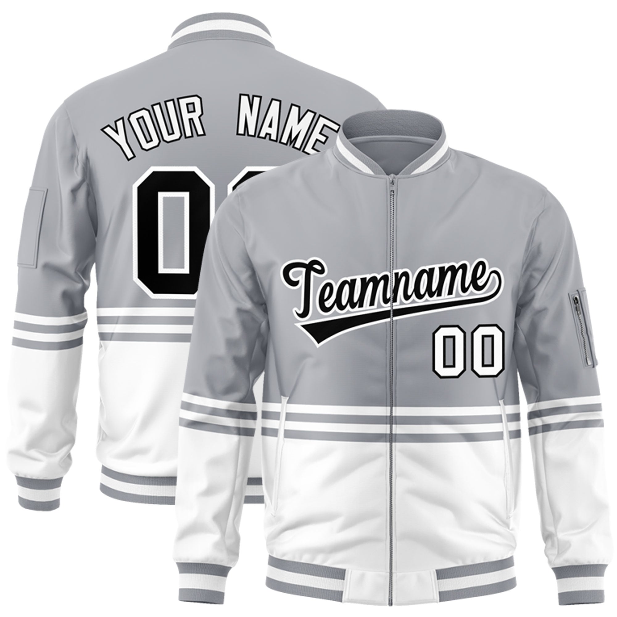 Custom Gray Black-White Varsity Full-Zip Color Block Letterman Bomber Jacket