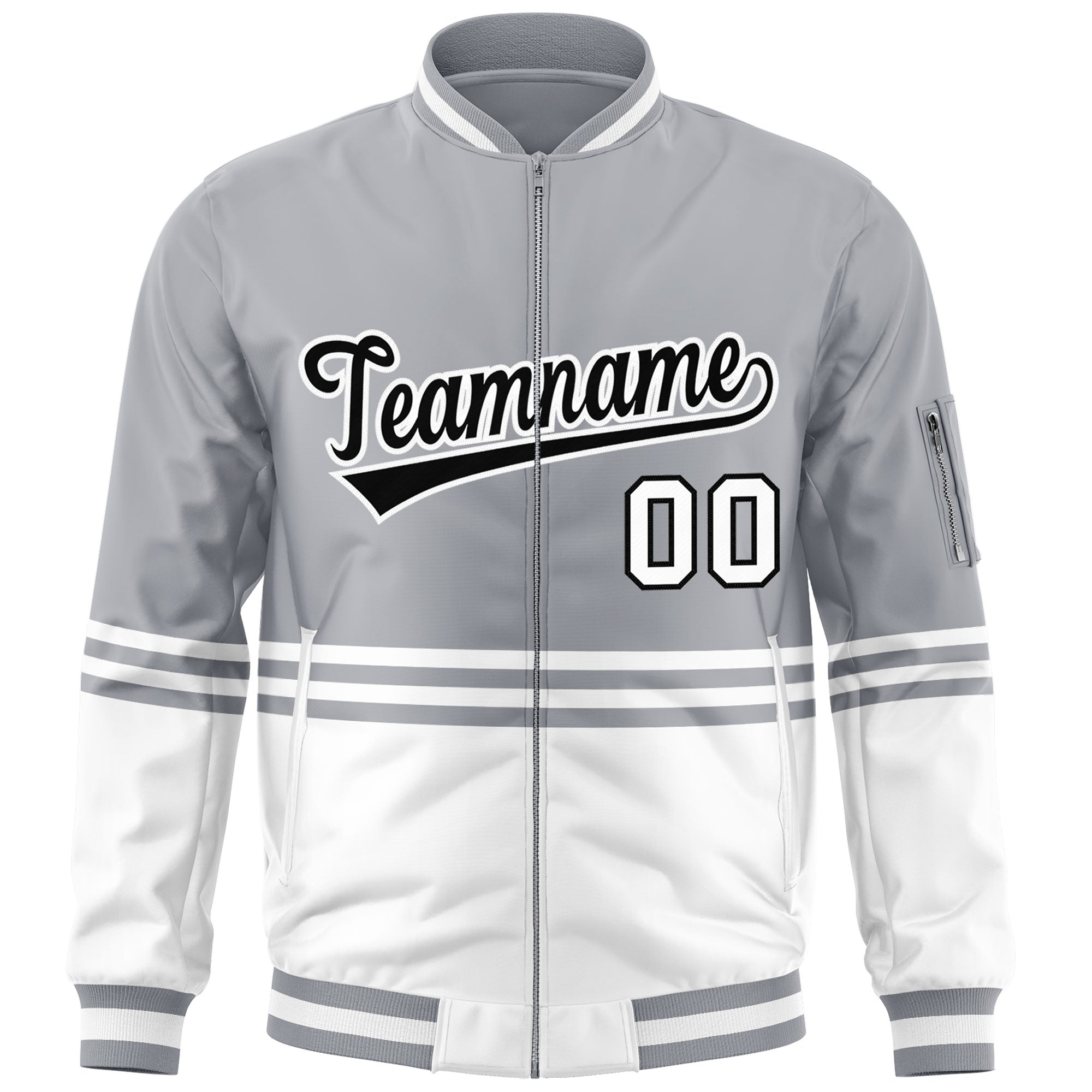 Custom Gray Black-White Varsity Full-Zip Color Block Letterman Bomber Jacket