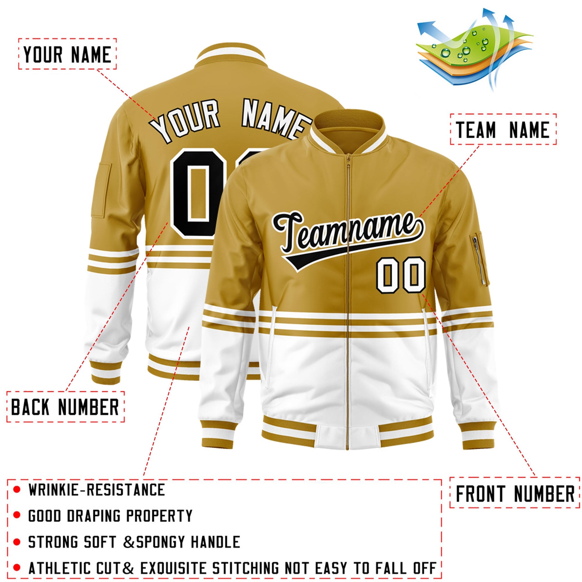 Custom Old Gold Black-White Varsity Full-Zip Color Block Letterman Bomber Jacket