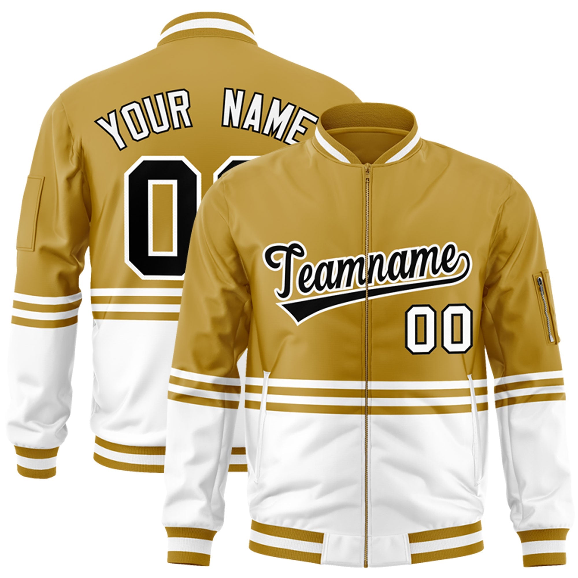 Custom Old Gold Black-White Varsity Full-Zip Color Block Letterman Bomber Jacket