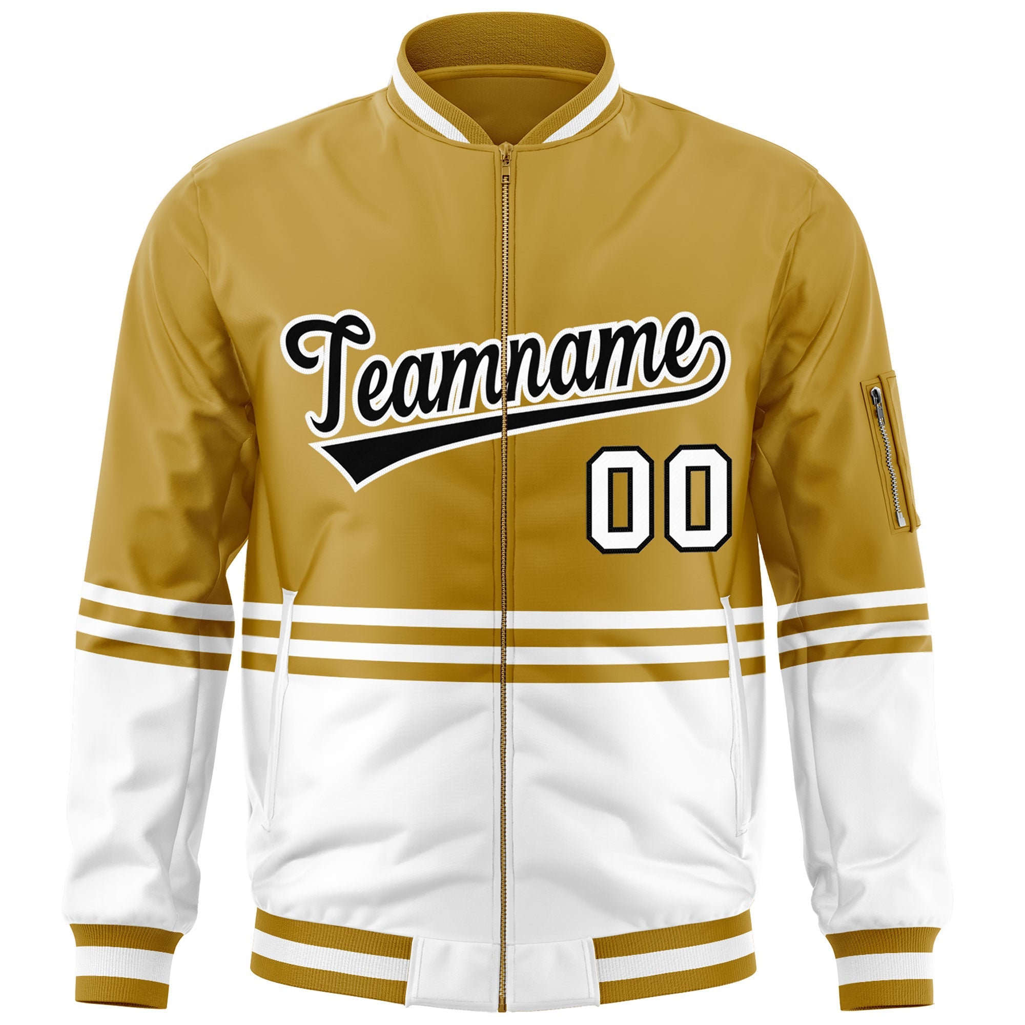 Custom Old Gold Black-White Varsity Full-Zip Color Block Letterman Bomber Jacket