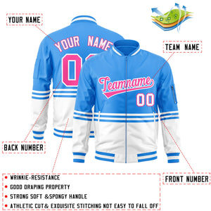 Custom Powder Blue Pink-White Varsity Full-Zip Color Block Letterman Bomber Jacket