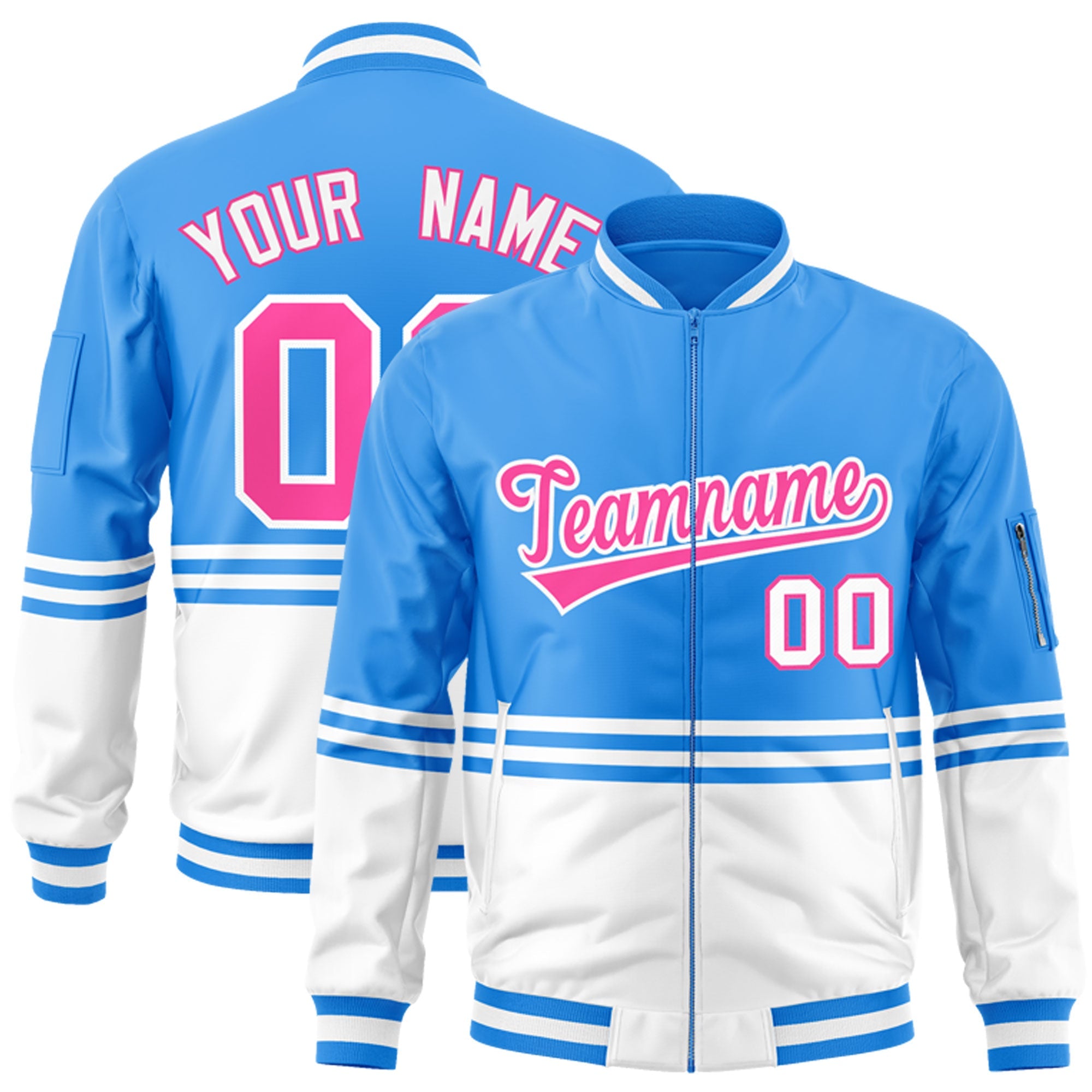 Custom Powder Blue Pink-White Varsity Full-Zip Color Block Letterman Bomber Jacket