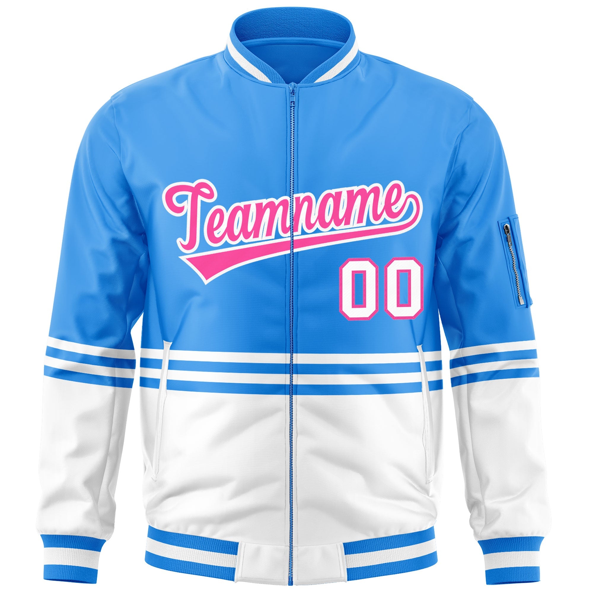 Custom Powder Blue Pink-White Varsity Full-Zip Color Block Letterman Bomber Jacket