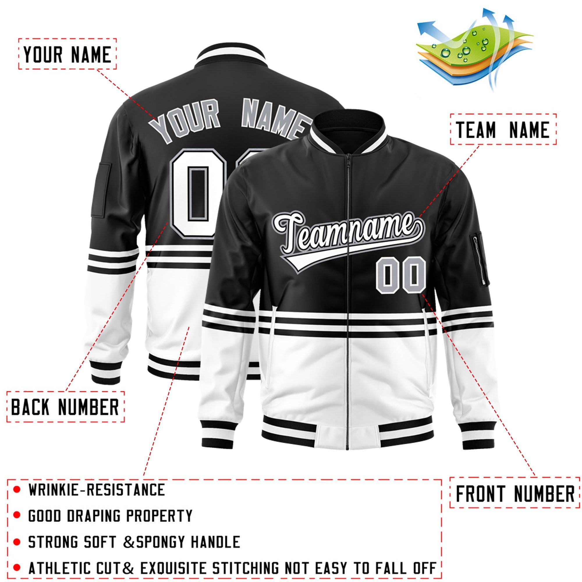 Custom Black White-Black Varsity Full-Zip Color Block Letterman Bomber Jacket