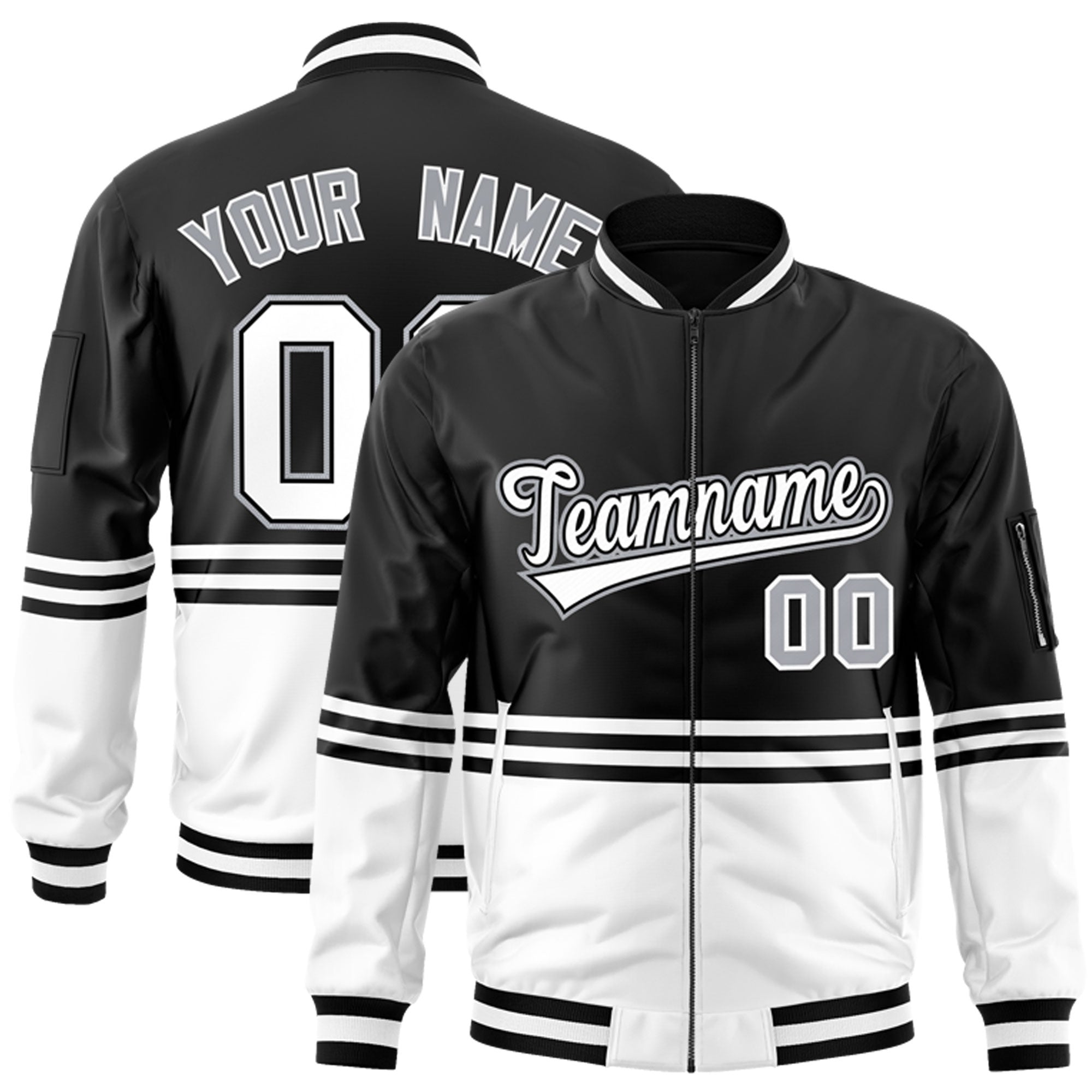 Custom Black White-Black Varsity Full-Zip Color Block Letterman Bomber Jacket