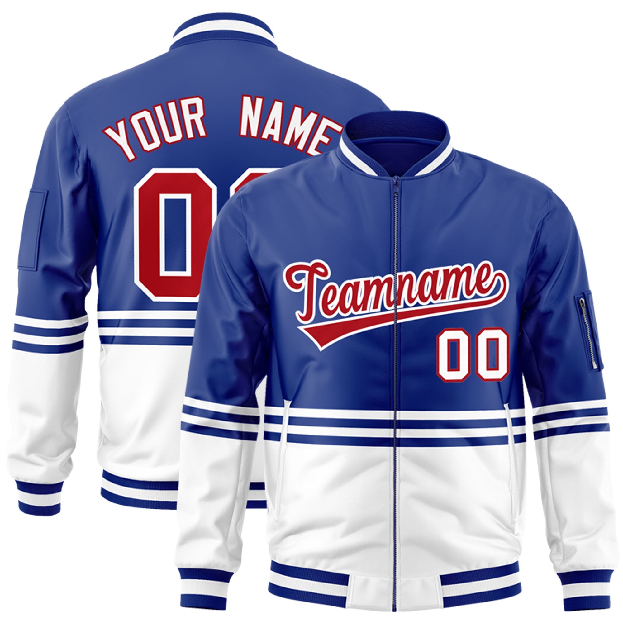 Custom Royal Red-White Varsity Full-Zip Color Block Letterman Bomber Jacket