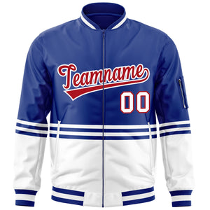 Custom Royal Red-White Varsity Full-Zip Color Block Letterman Bomber Jacket