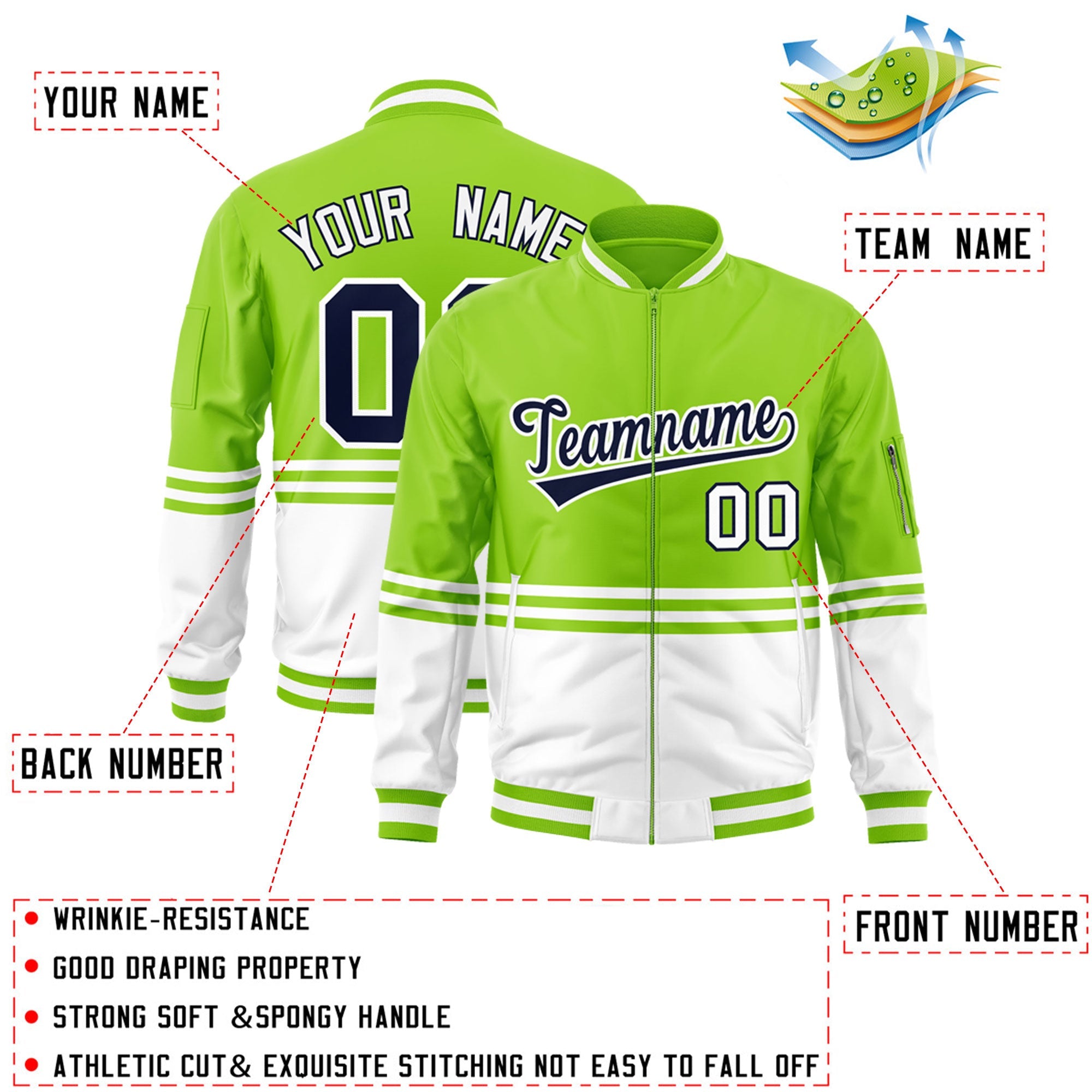 Custom Neon Green Navy-White Varsity Full-Zip Color Block Letterman Bomber Jacket