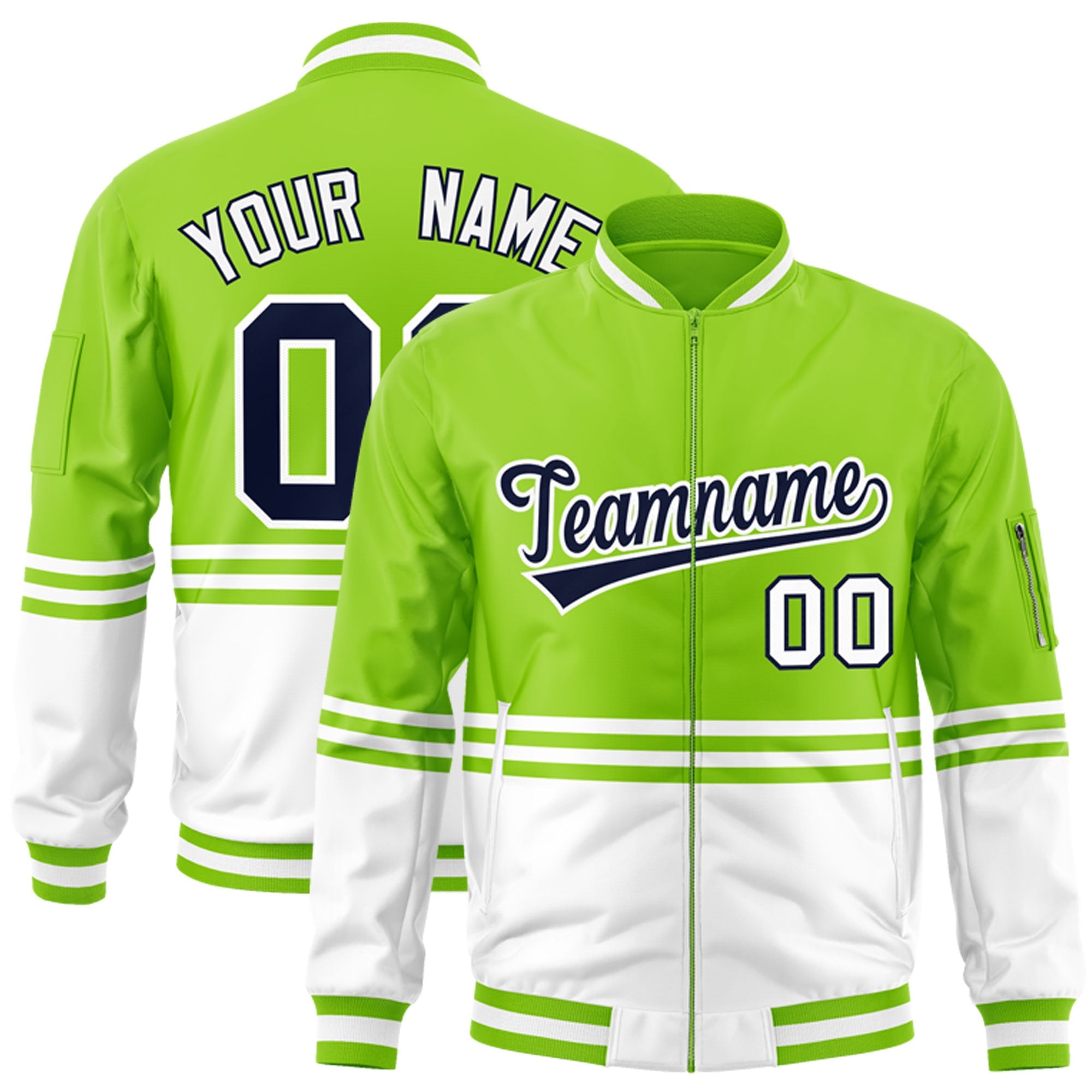 Custom Neon Green Navy-White Varsity Full-Zip Color Block Letterman Bomber Jacket