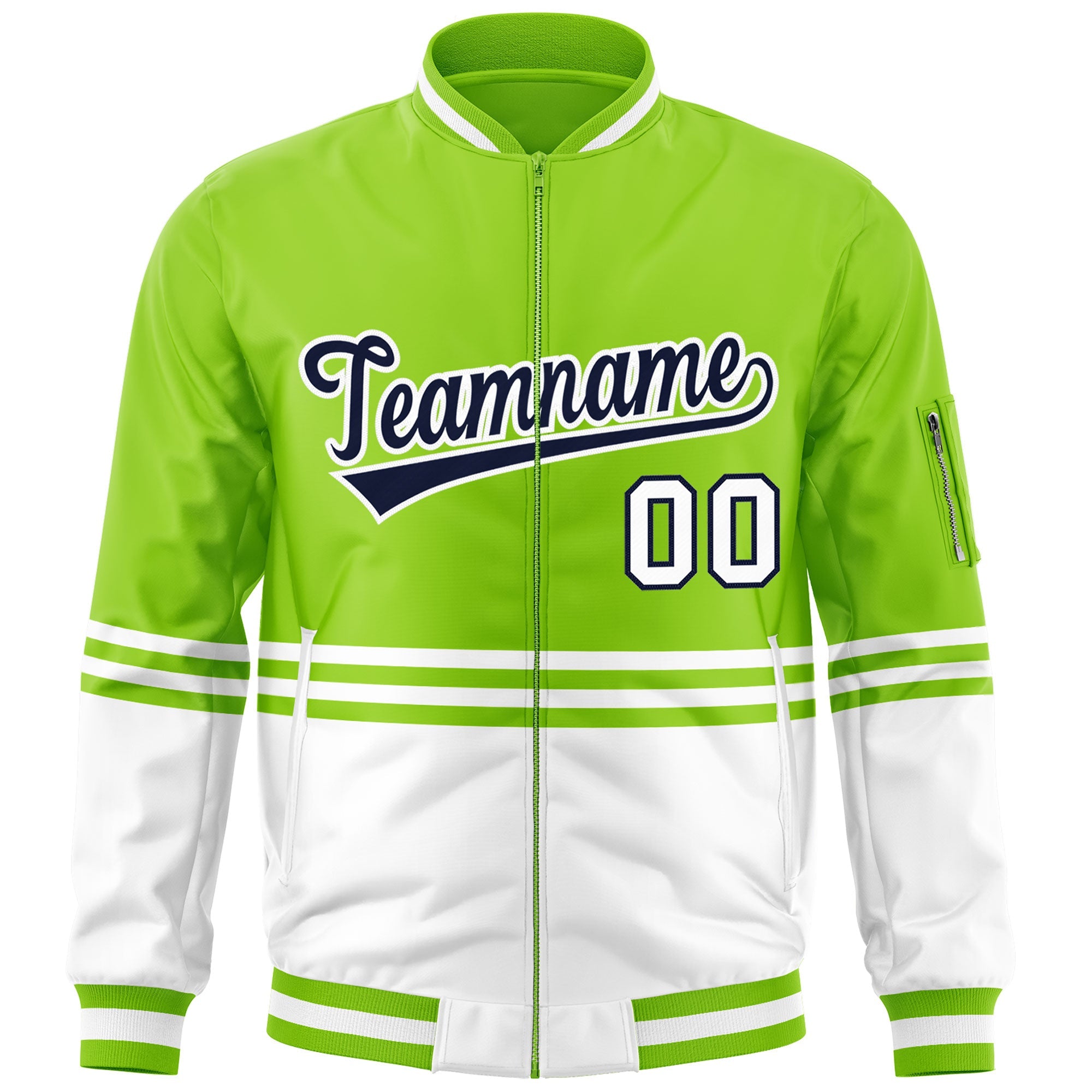 Custom Neon Green Navy-White Varsity Full-Zip Color Block Letterman Bomber Jacket