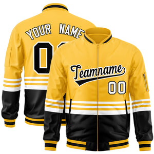 Custom Gold Black-White Varsity Full-Zip Color Block Letterman Bomber Jacket