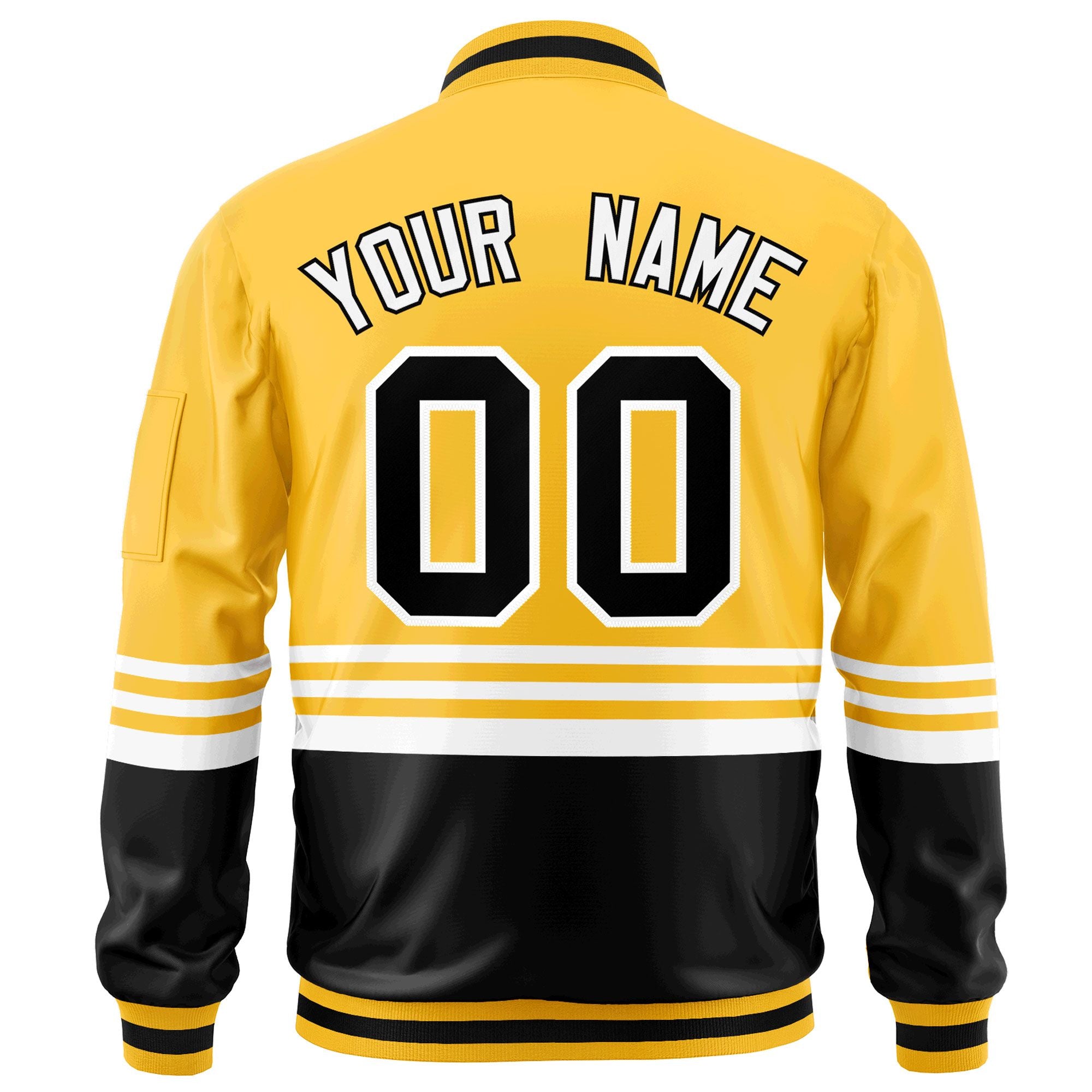 Custom Gold Black-White Varsity Full-Zip Color Block Letterman Bomber Jacket