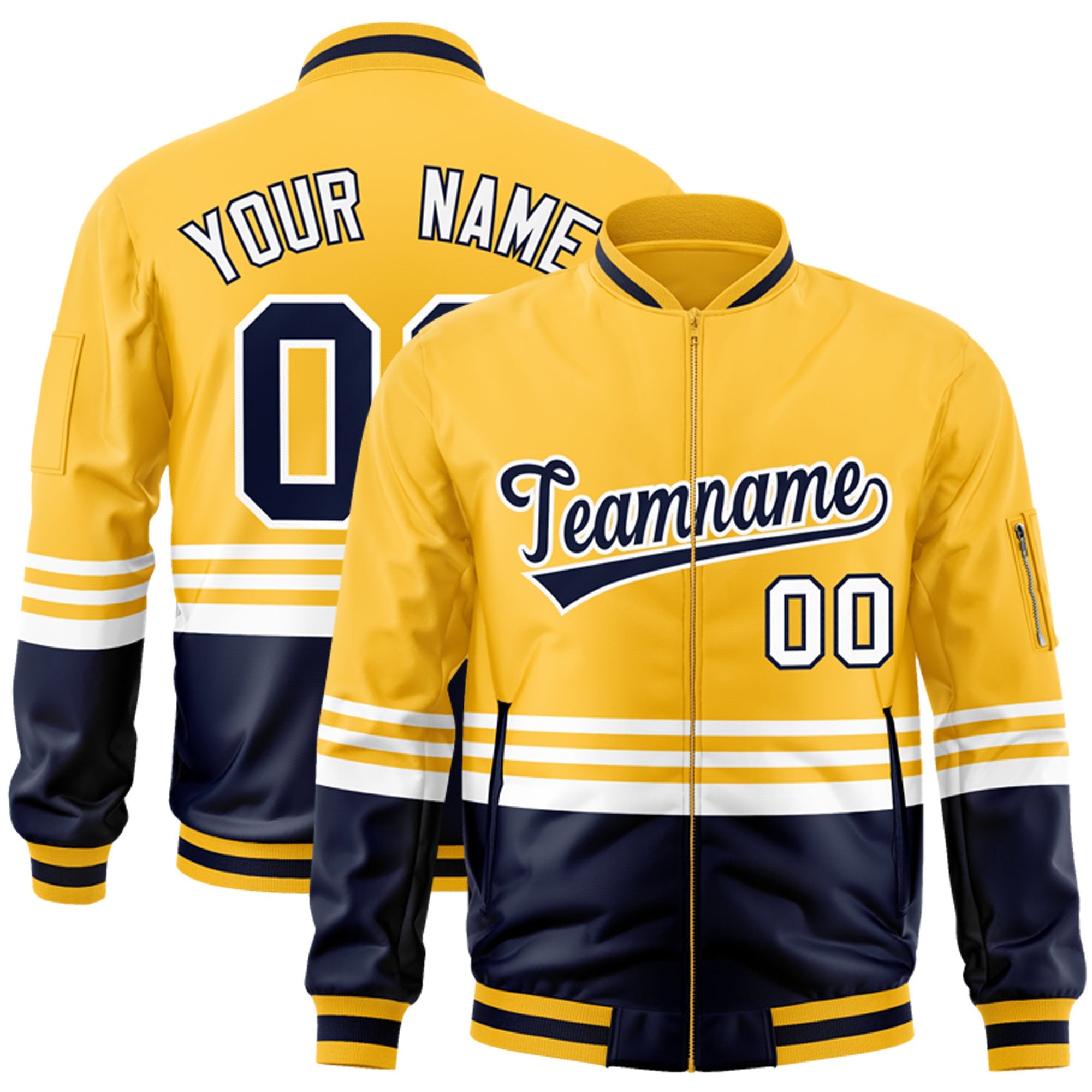 Custom Gold Navy-White Varsity Full-Zip Color Block Letterman Bomber Jacket