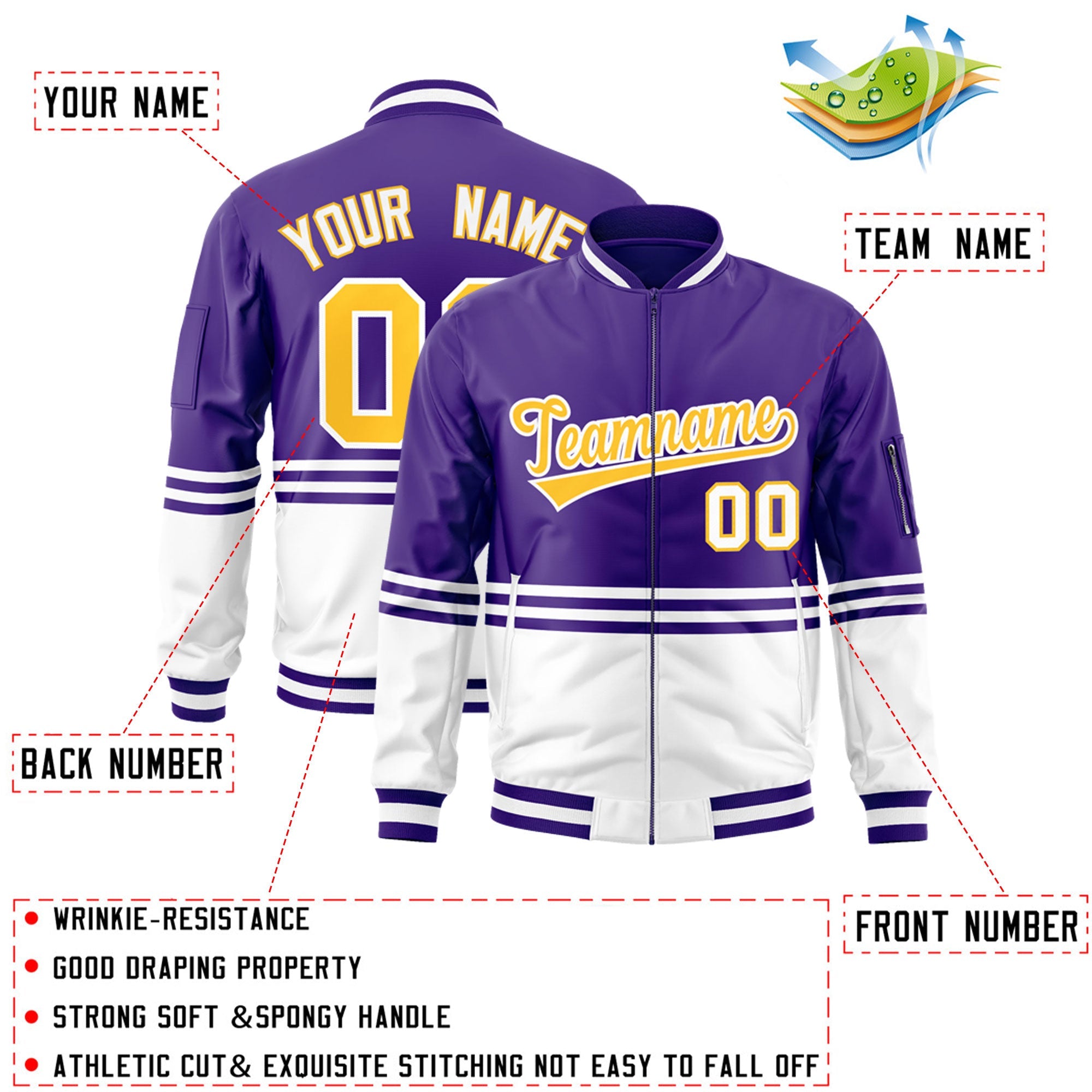 Custom Purple Gold-White Varsity Full-Zip Color Block Letterman Bomber Jacket