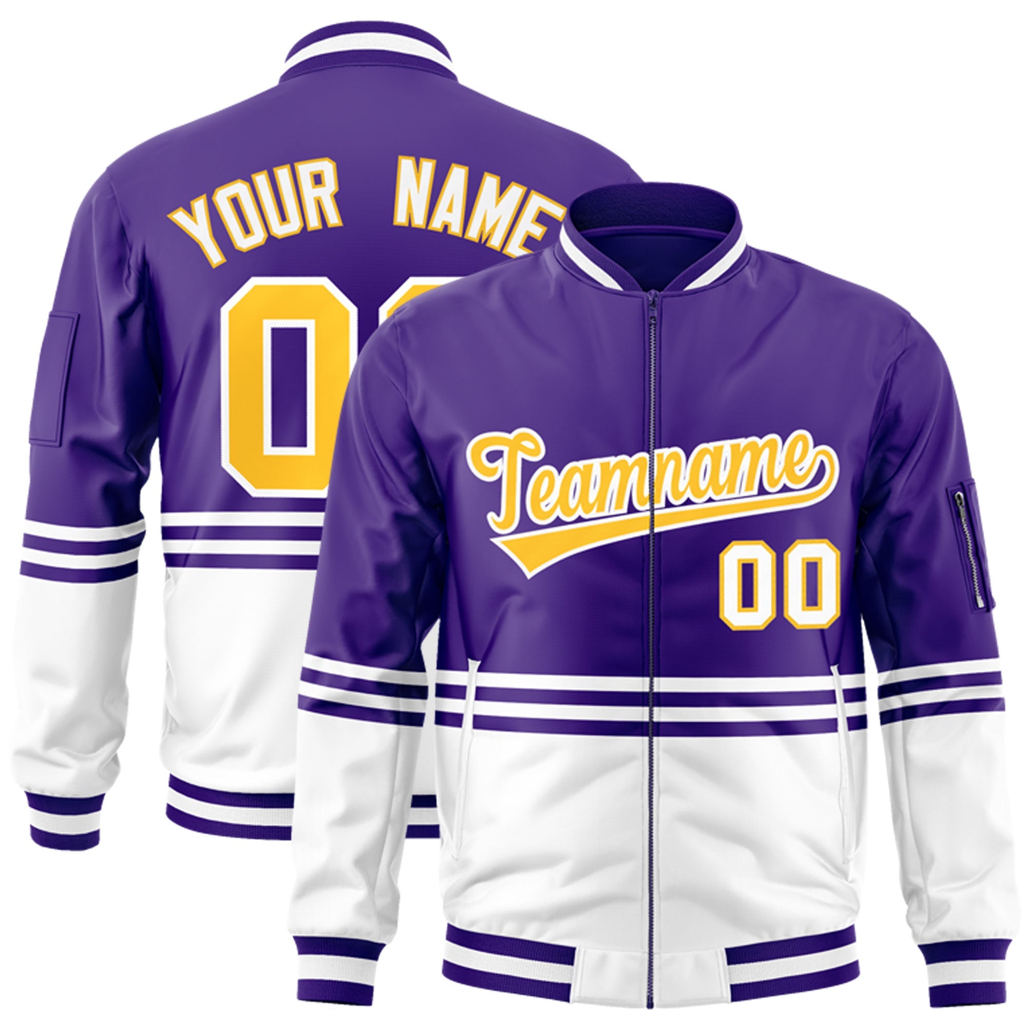 Custom Purple Gold-White Varsity Full-Zip Color Block Letterman Bomber Jacket