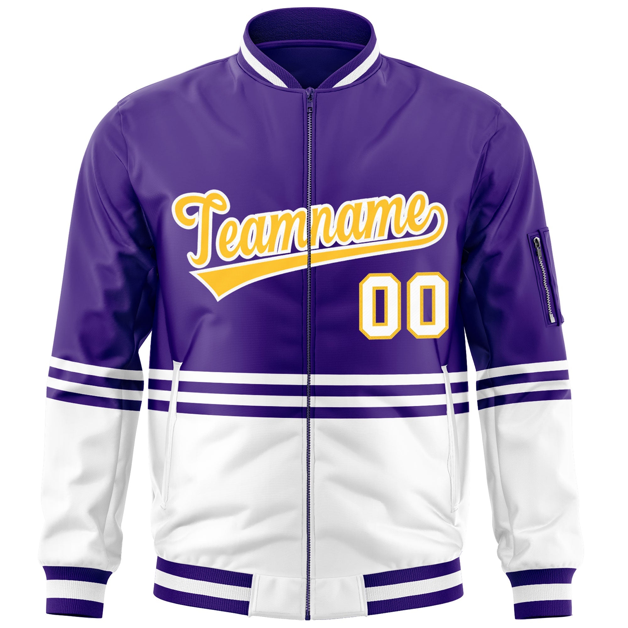 Custom Purple Gold-White Varsity Full-Zip Color Block Letterman Bomber Jacket