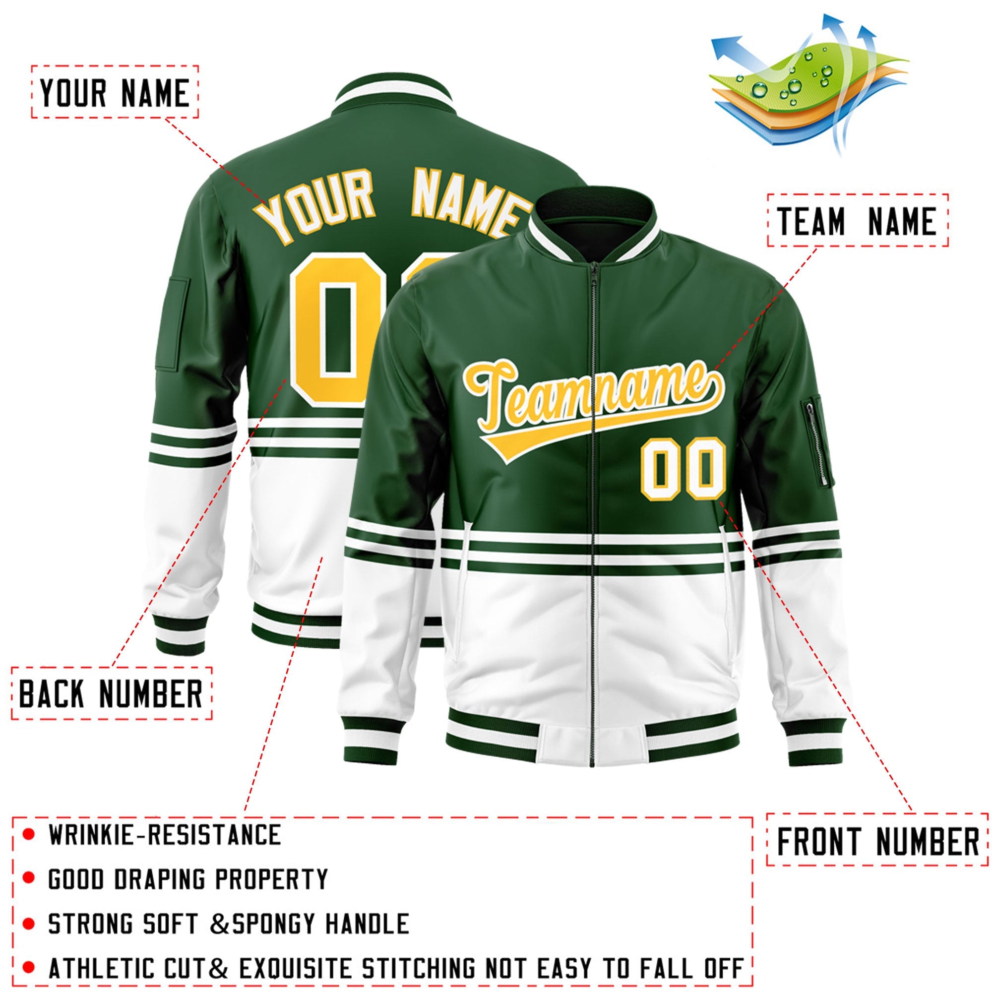 Custom Green Gold-White Varsity Full-Zip Color Block Letterman Bomber Jacket