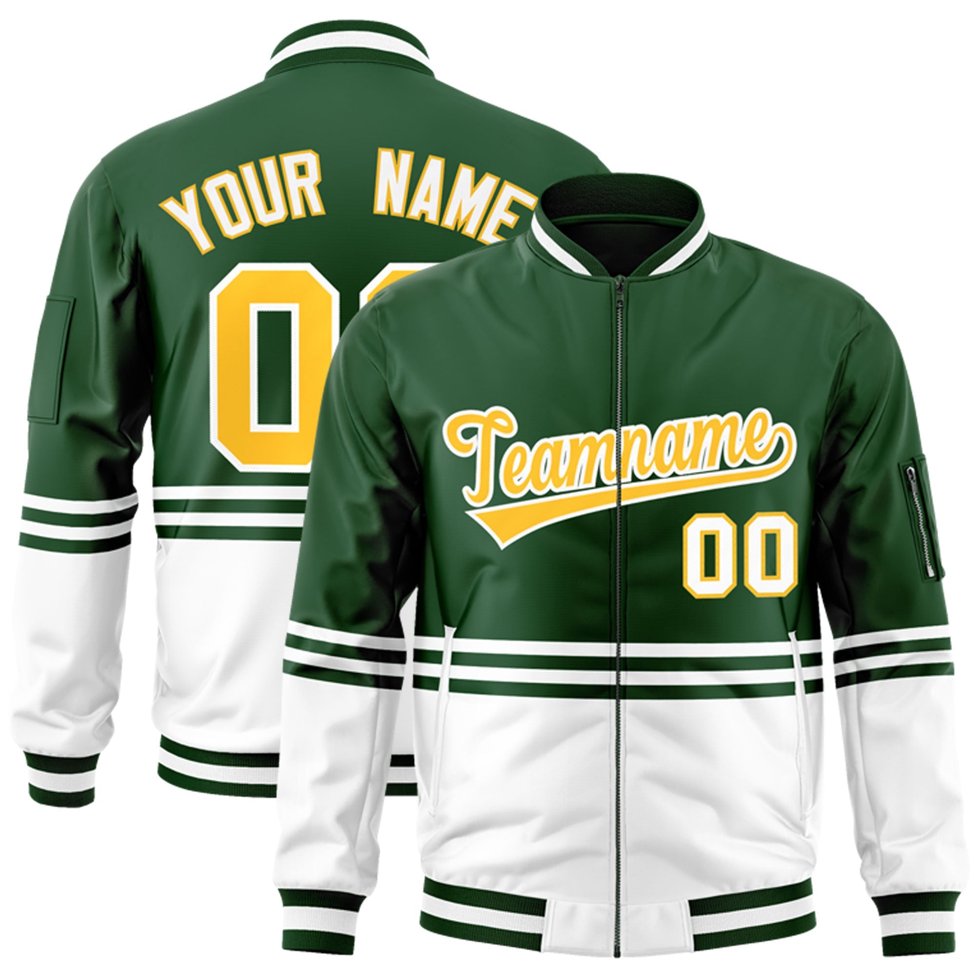 Custom Green Gold-White Varsity Full-Zip Color Block Letterman Bomber Jacket