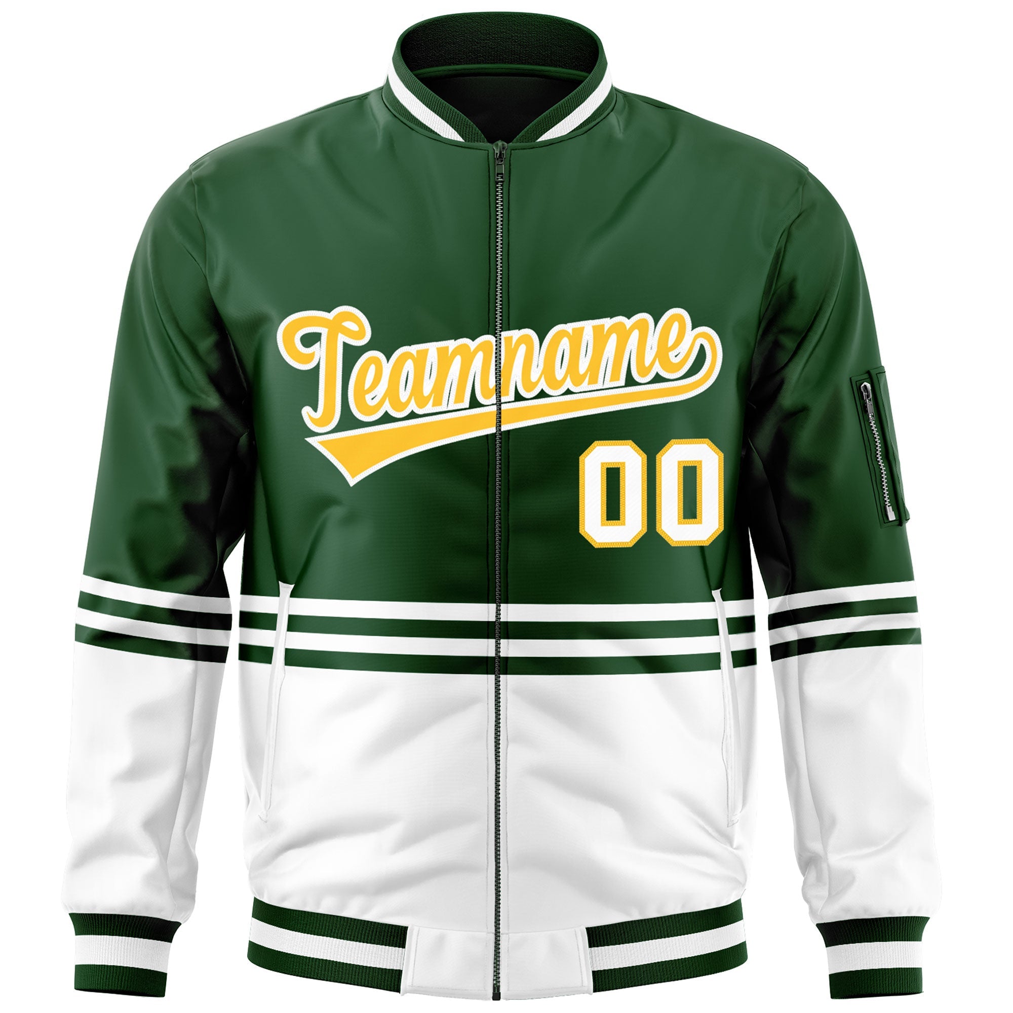 Custom Green Gold-White Varsity Full-Zip Color Block Letterman Bomber Jacket