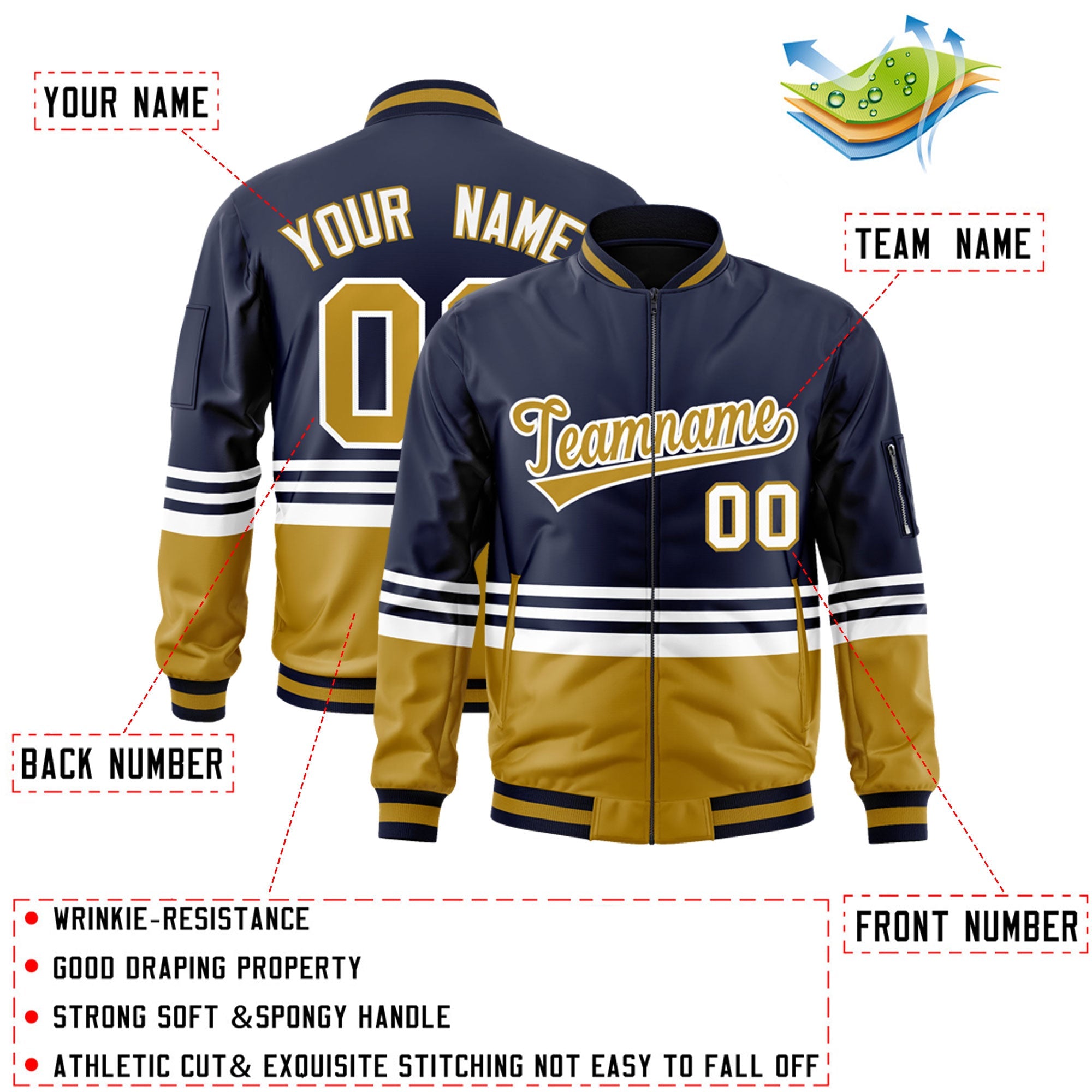 Custom Navy Old Gold-White Varsity Full-Zip Color Block Letterman Bomber Jacket