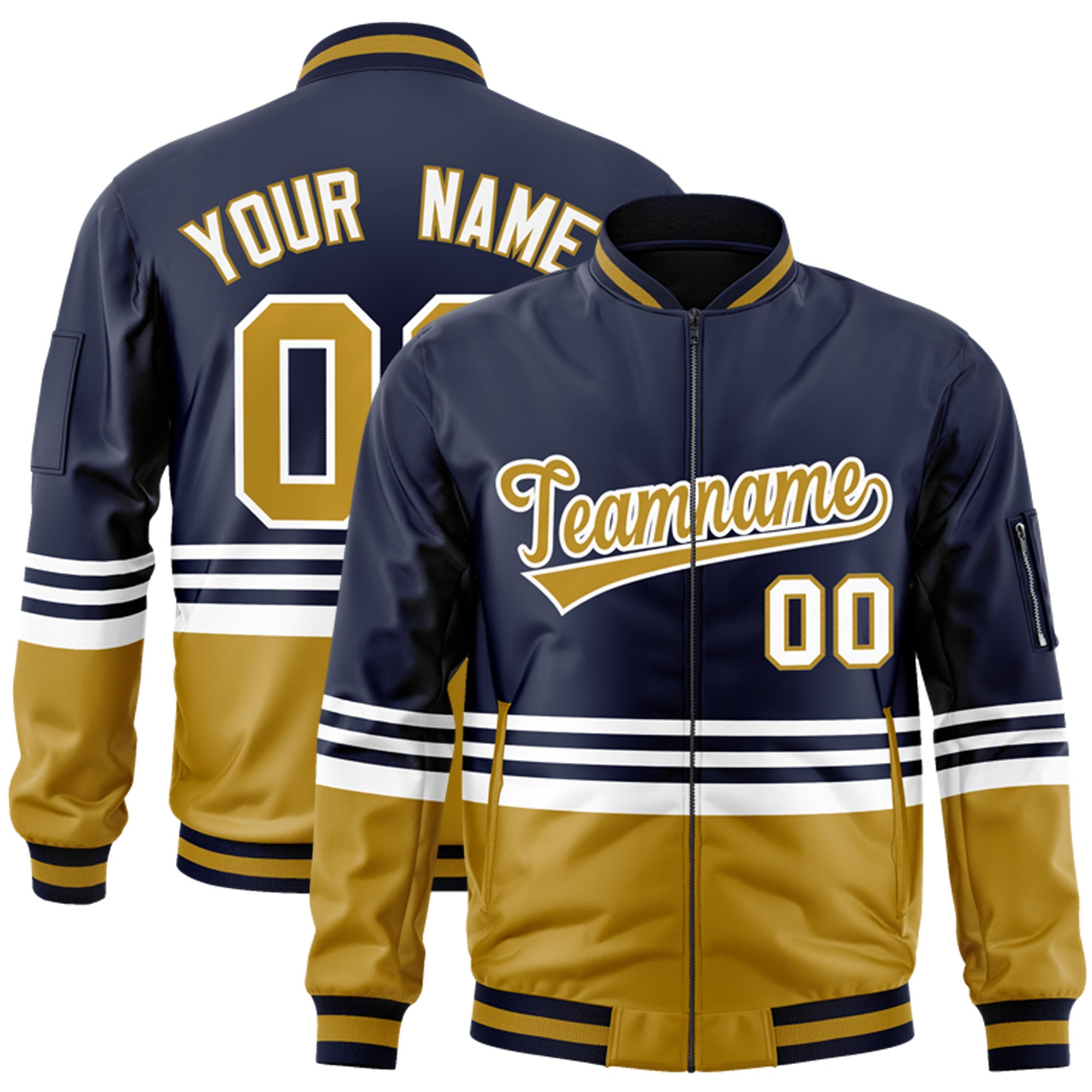 Custom Navy Old Gold-White Varsity Full-Zip Color Block Letterman Bomber Jacket