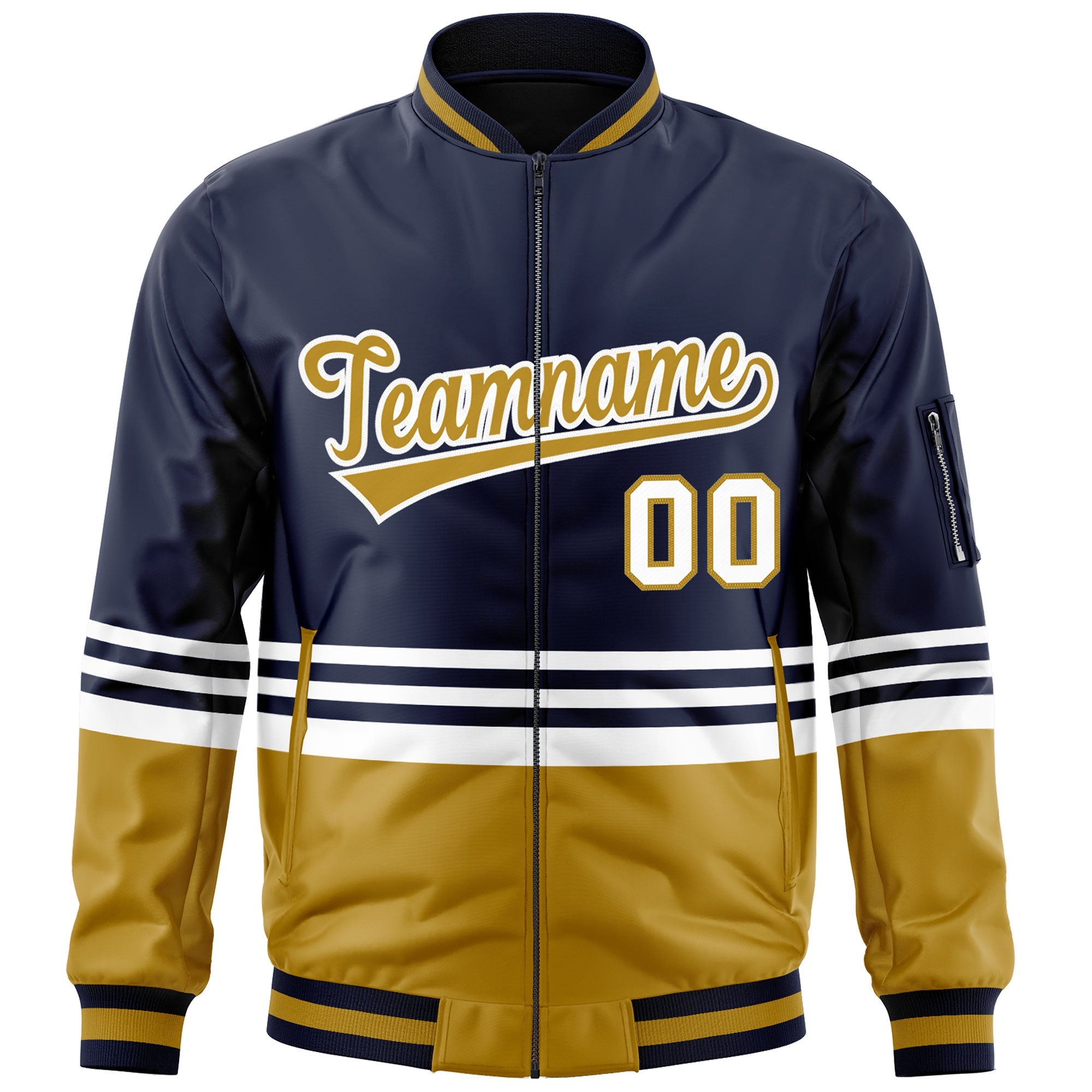 Custom Navy Old Gold-White Varsity Full-Zip Color Block Letterman Bomber Jacket