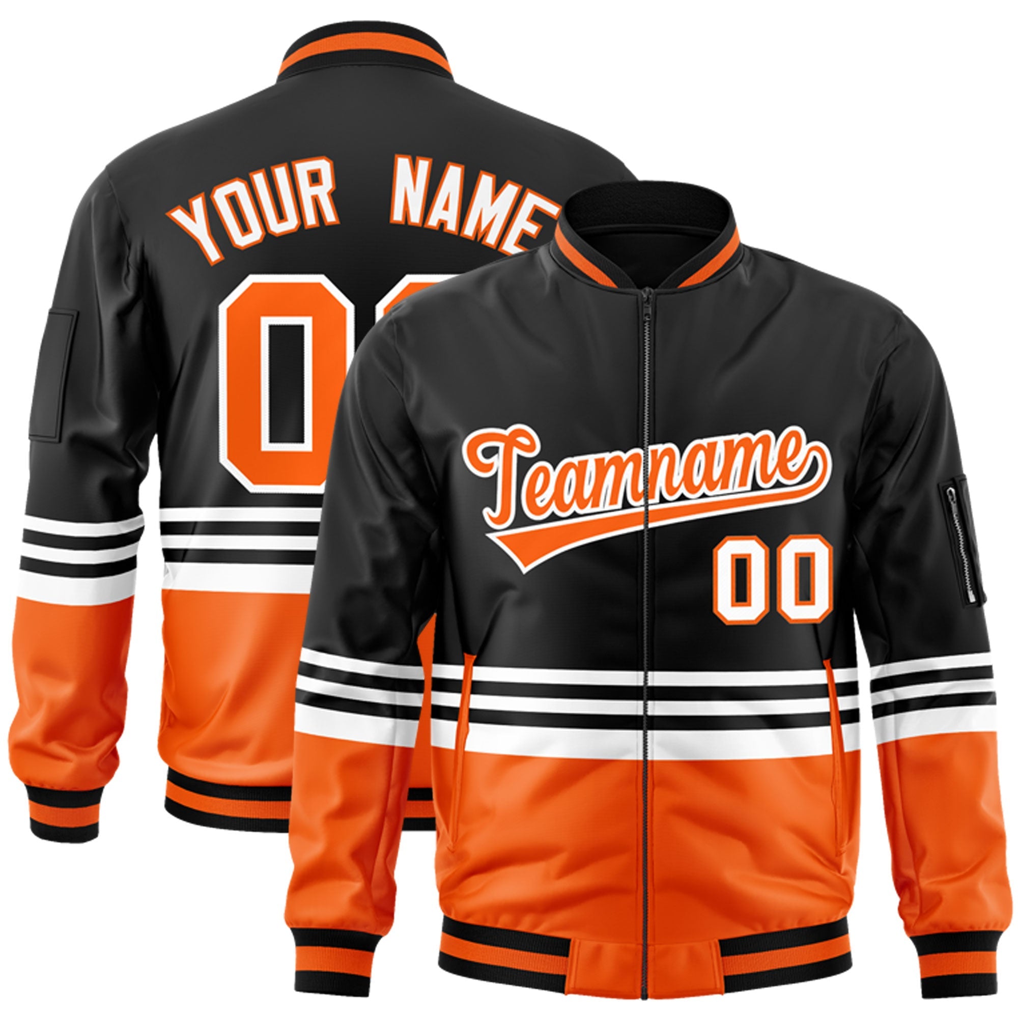 Custom Black Orange-White Varsity Full-Zip Color Block Letterman Bomber Jacket