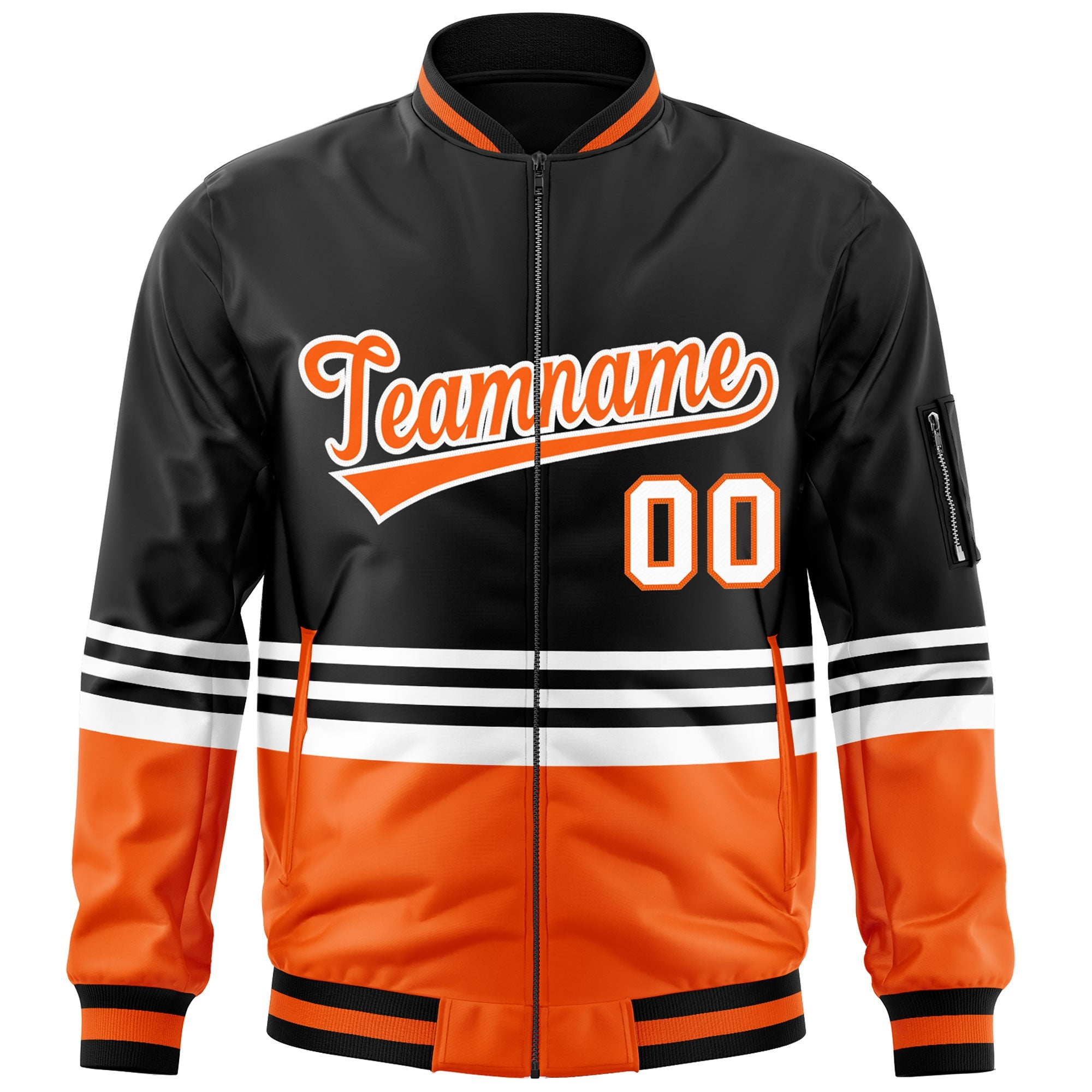 Custom Black Orange-White Varsity Full-Zip Color Block Letterman Bomber Jacket