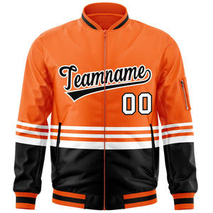 Custom Orange Black-White Varsity Full-Zip Color Block Letterman Bomber Jacket