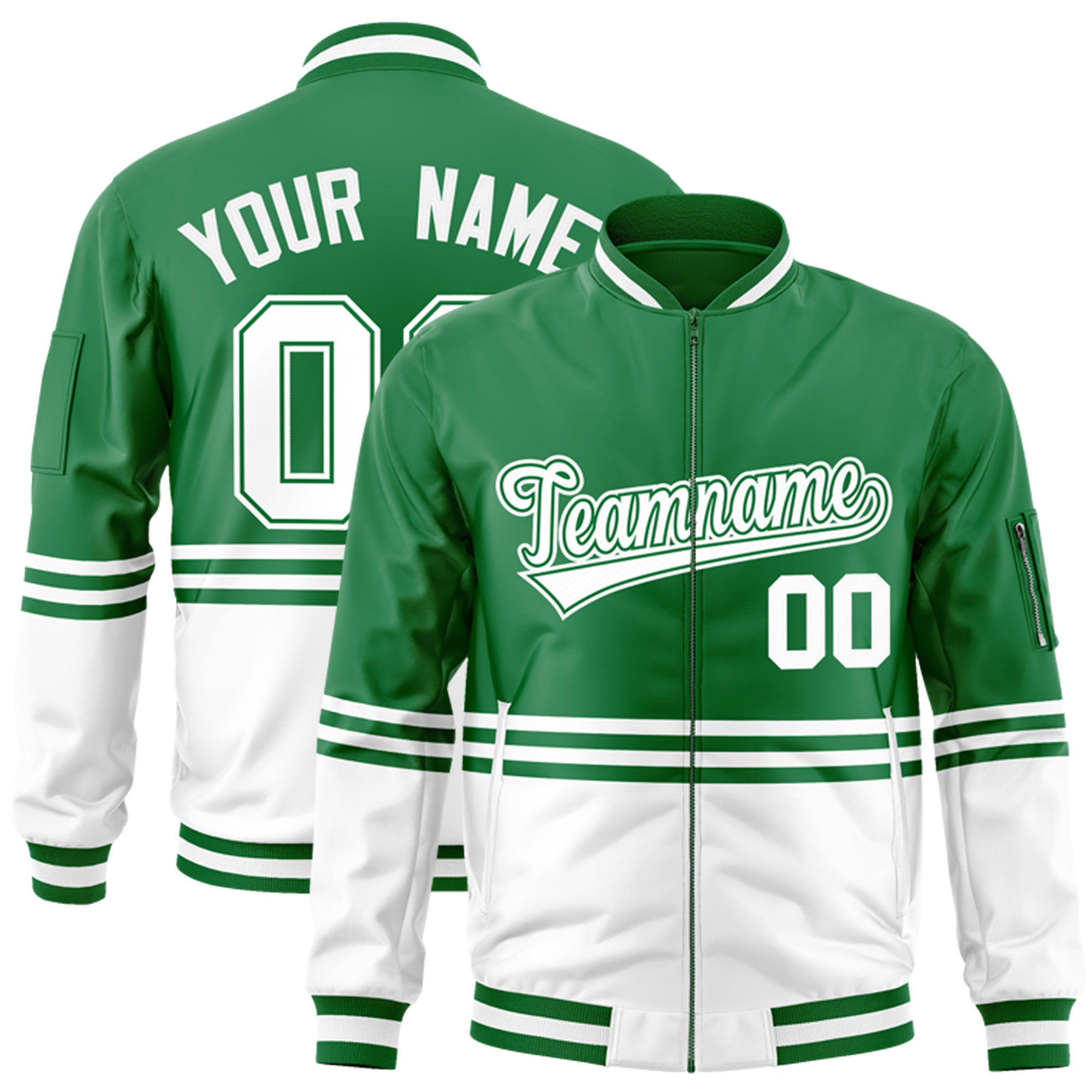 Custom Kelly Green White Varsity Full-Zip Color Block Letterman Bomber Jacket