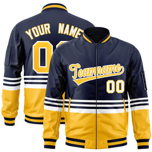 Custom Navy Gold-White Varsity Full-Zip Color Block Letterman Bomber Jacket