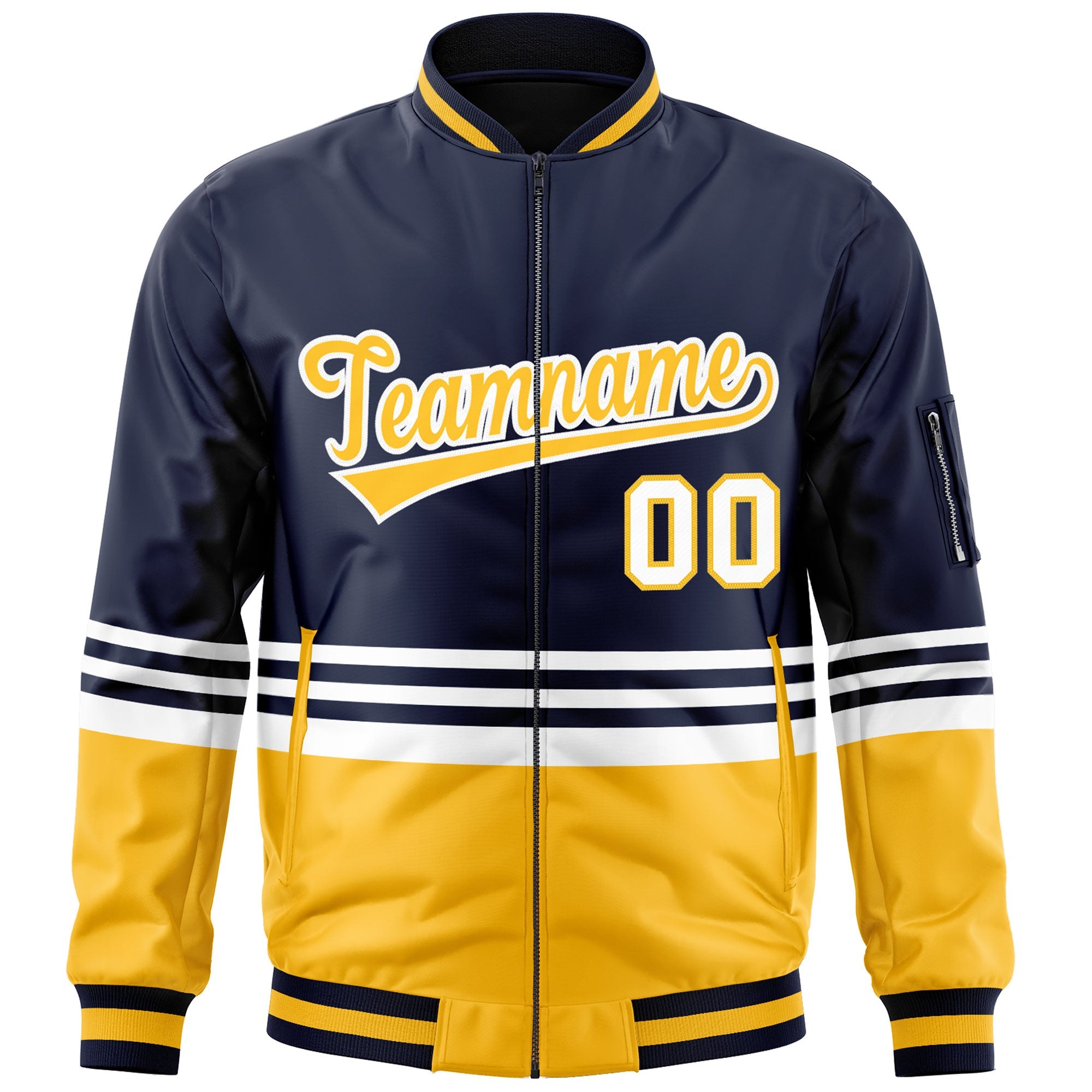 Custom Navy Gold-White Varsity Full-Zip Color Block Letterman Bomber Jacket