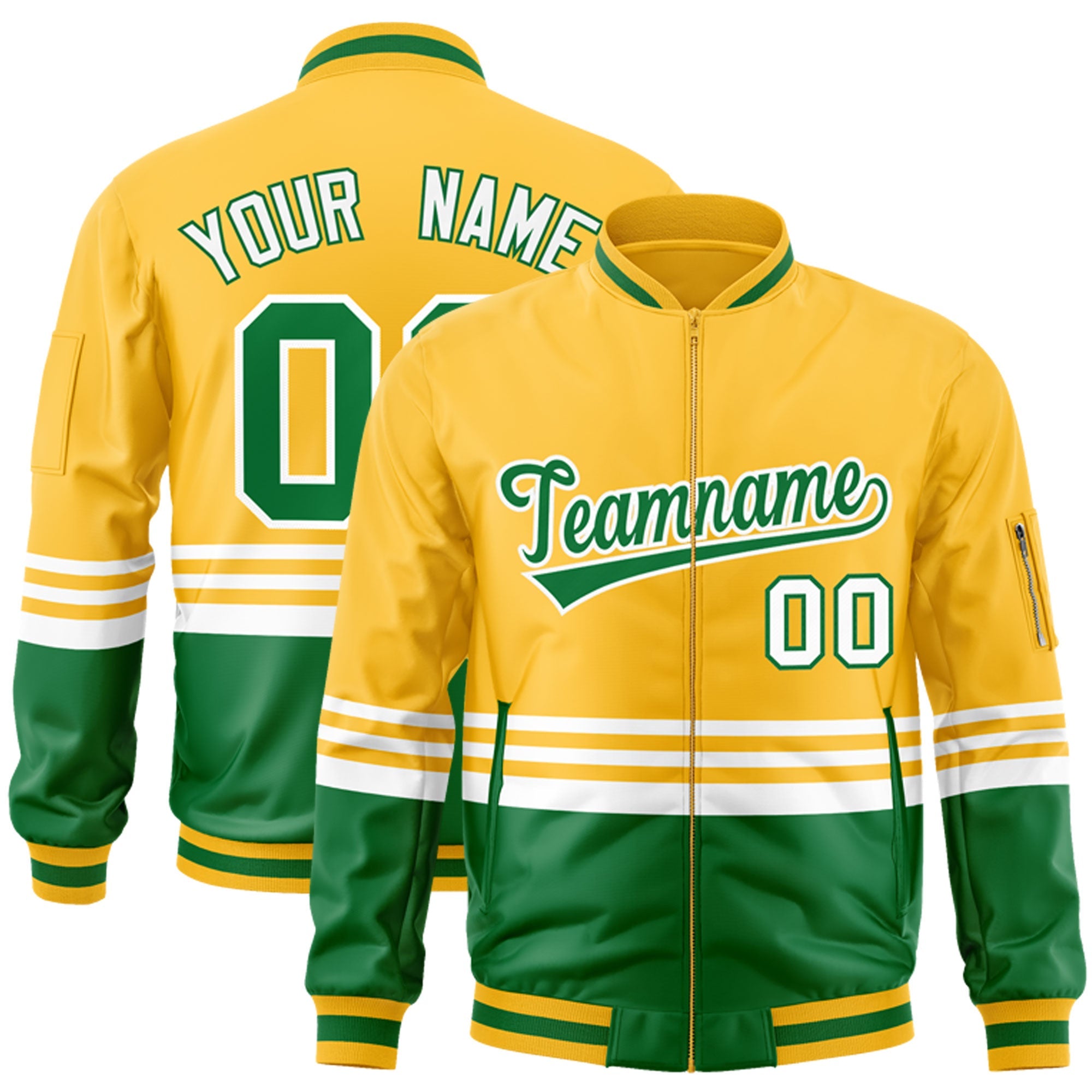 Custom Gold Kelly Green-White Varsity Full-Zip Color Block Letterman Bomber Jacket