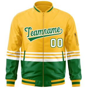 Custom Gold Kelly Green-White Varsity Full-Zip Color Block Letterman Bomber Jacket