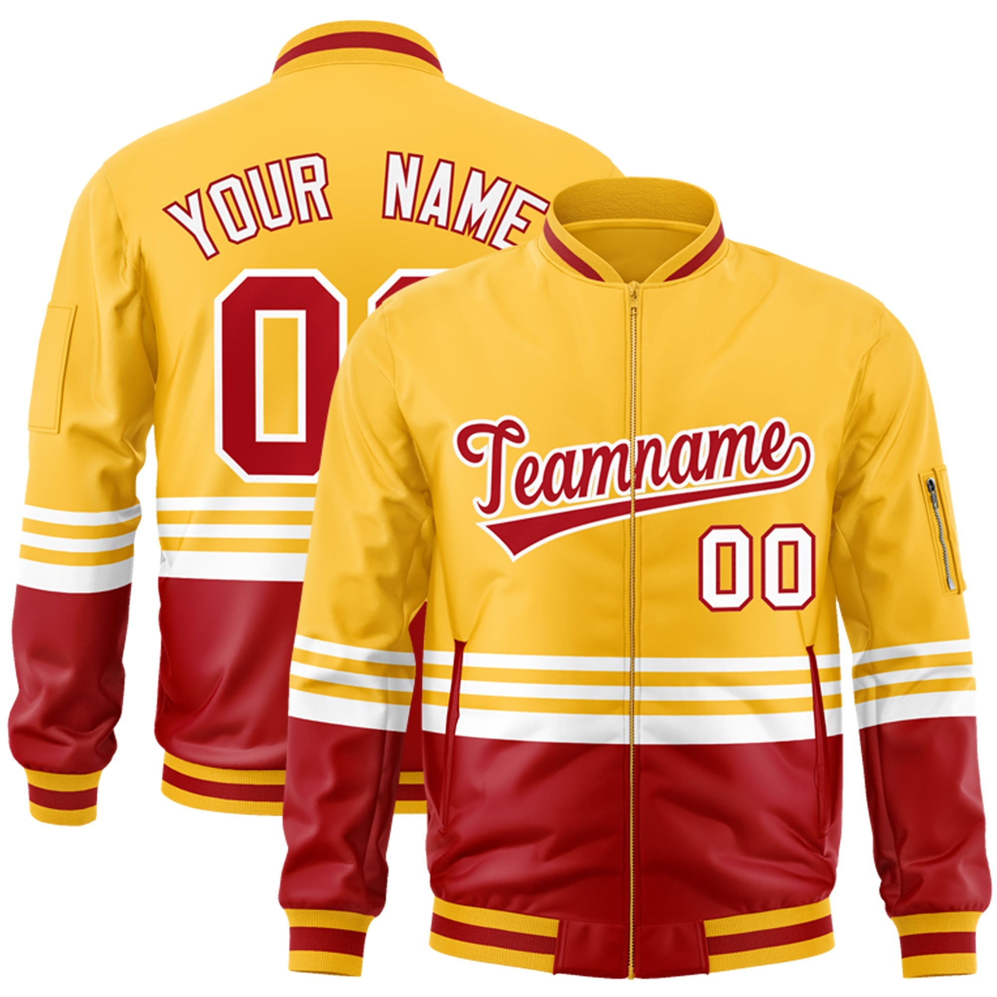 Custom Gold Red-White Varsity Full-Zip Color Block Letterman Bomber Jacket