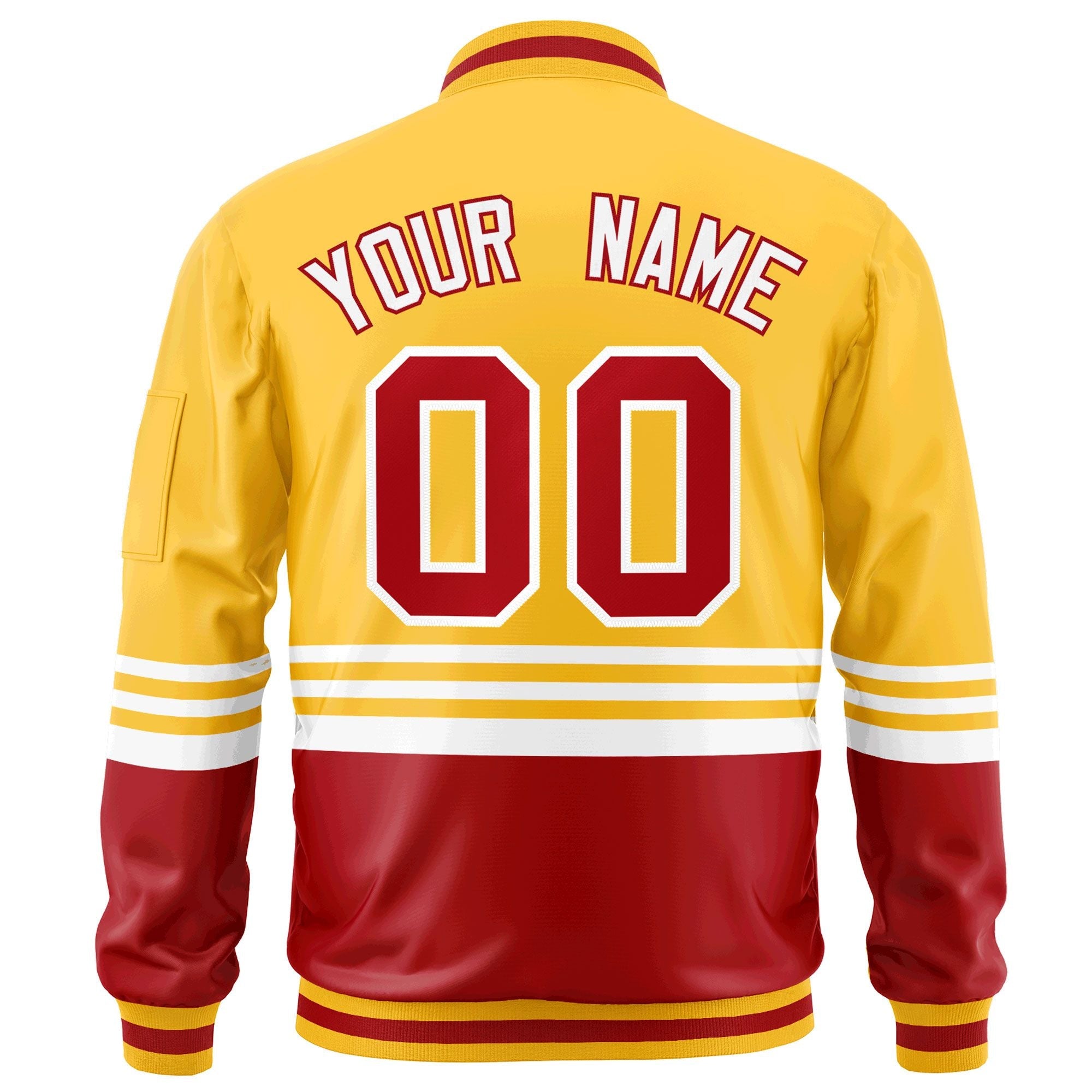 Custom Gold Red-White Varsity Full-Zip Color Block Letterman Bomber Jacket