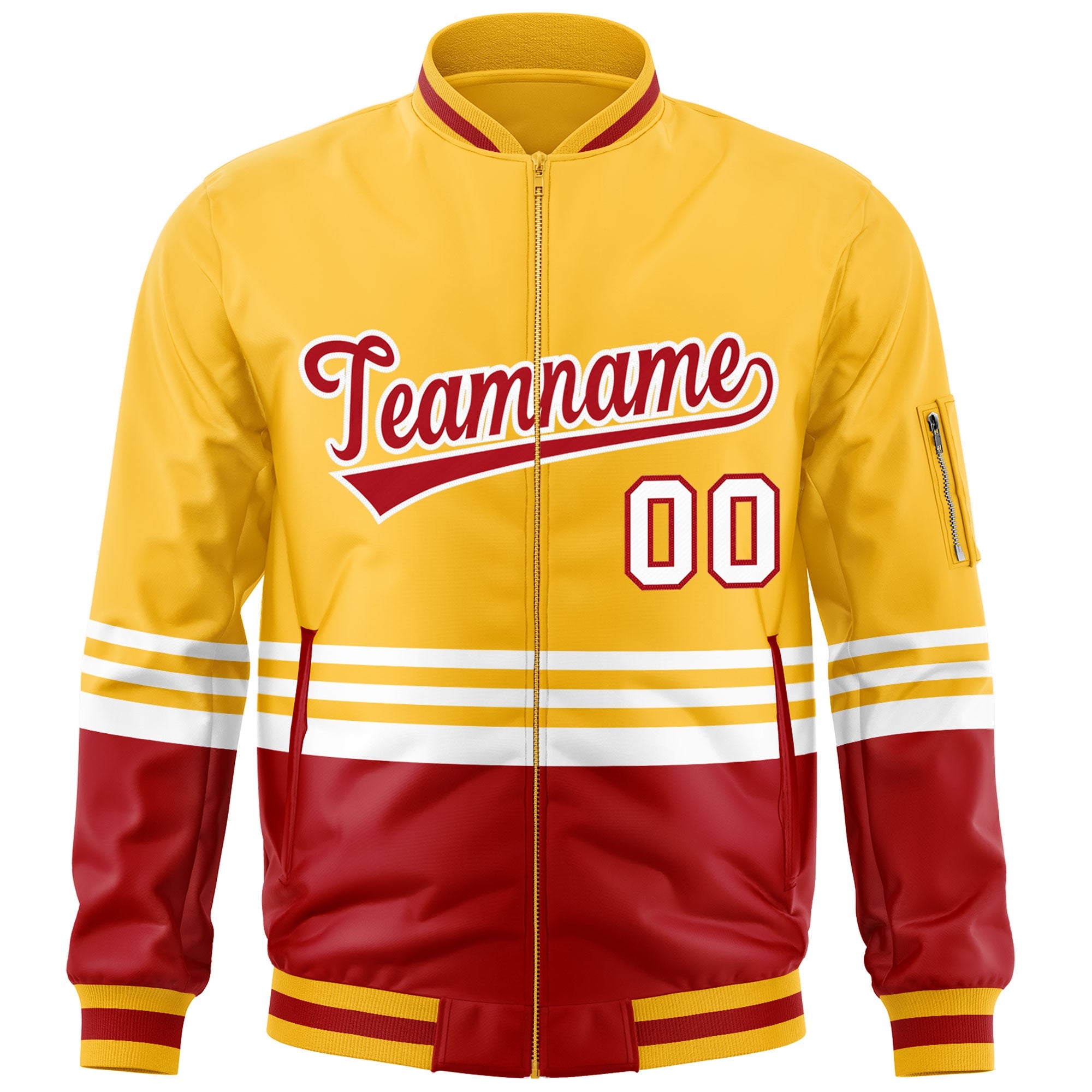 Custom Gold Red-White Varsity Full-Zip Color Block Letterman Bomber Jacket