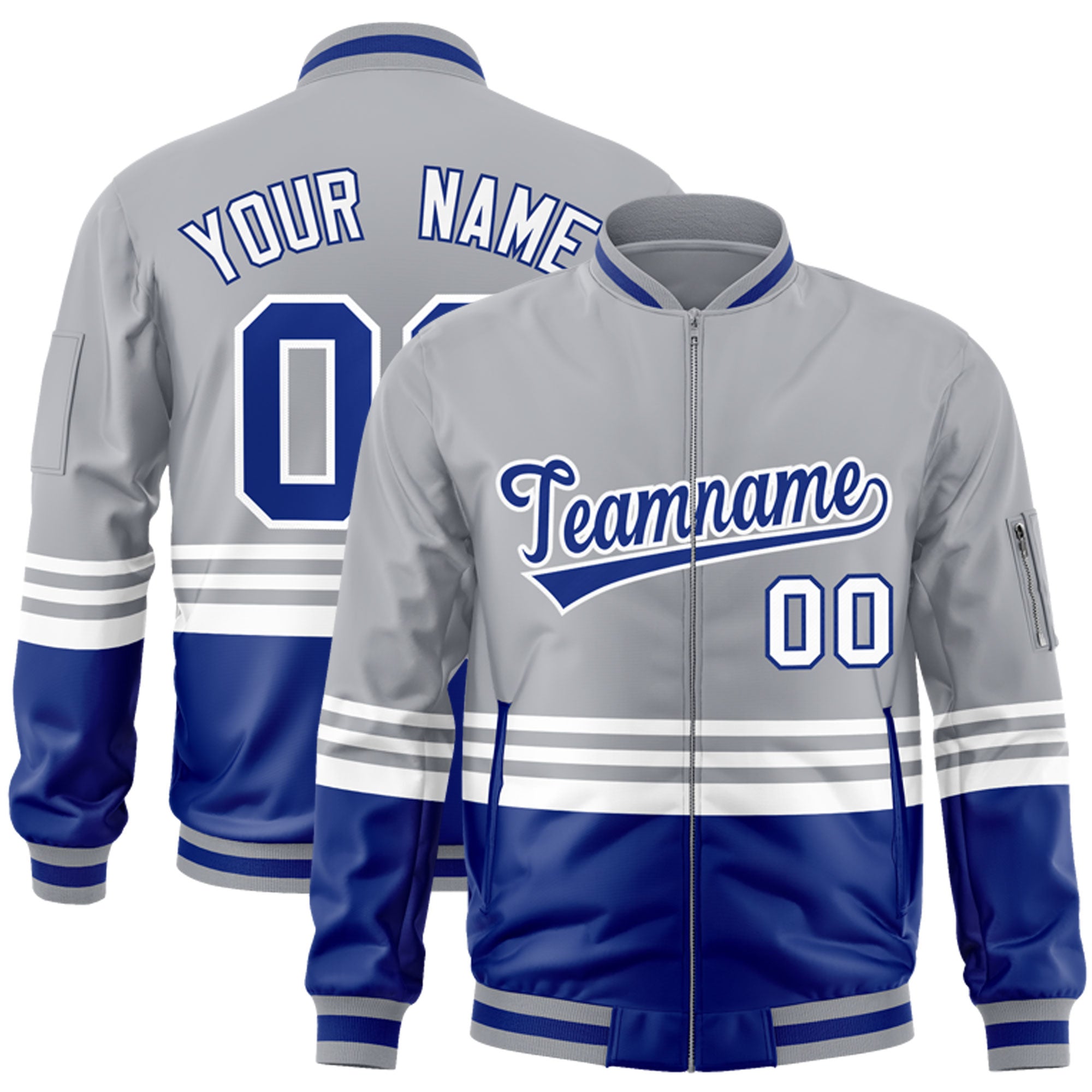 Custom Gray Royal-White Varsity Full-Zip Color Block Letterman Bomber Jacket