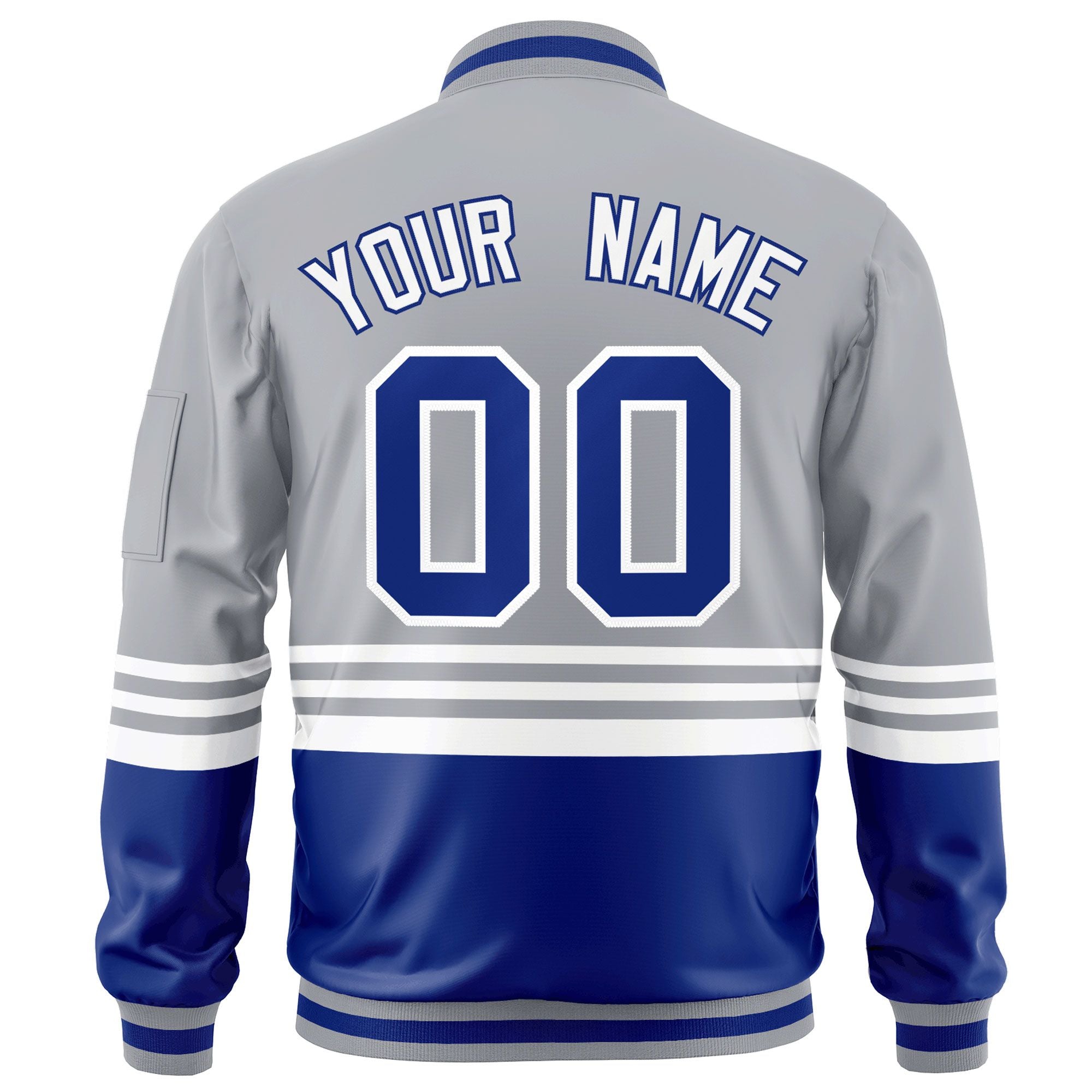 Custom Gray Royal-White Varsity Full-Zip Color Block Letterman Bomber Jacket