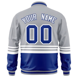 Custom Gray Royal-White Varsity Full-Zip Color Block Letterman Bomber Jacket