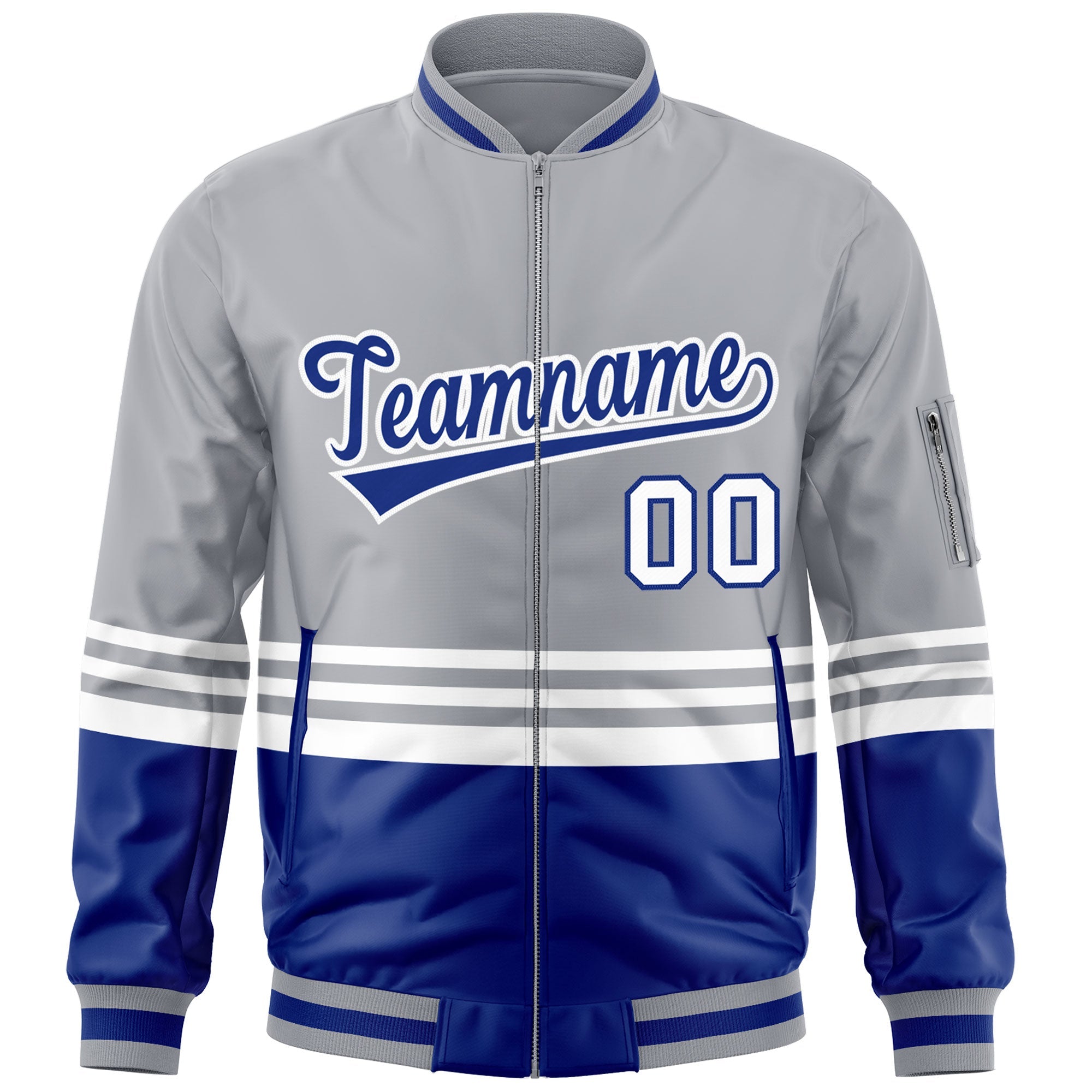 Custom Gray Royal-White Varsity Full-Zip Color Block Letterman Bomber Jacket