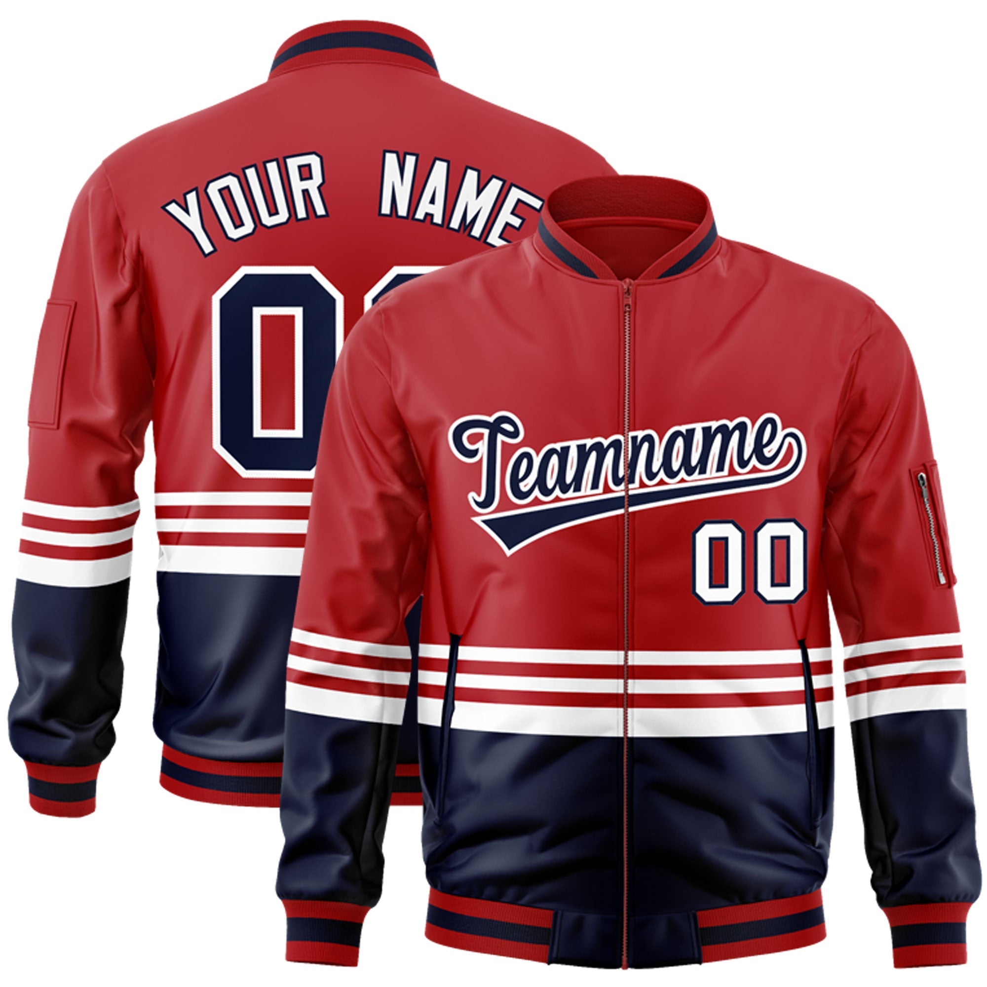 Custom Red Navy-White Varsity Full-Zip Color Block Letterman Bomber Jacket