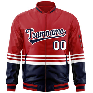 Custom Red Navy-White Varsity Full-Zip Color Block Letterman Bomber Jacket