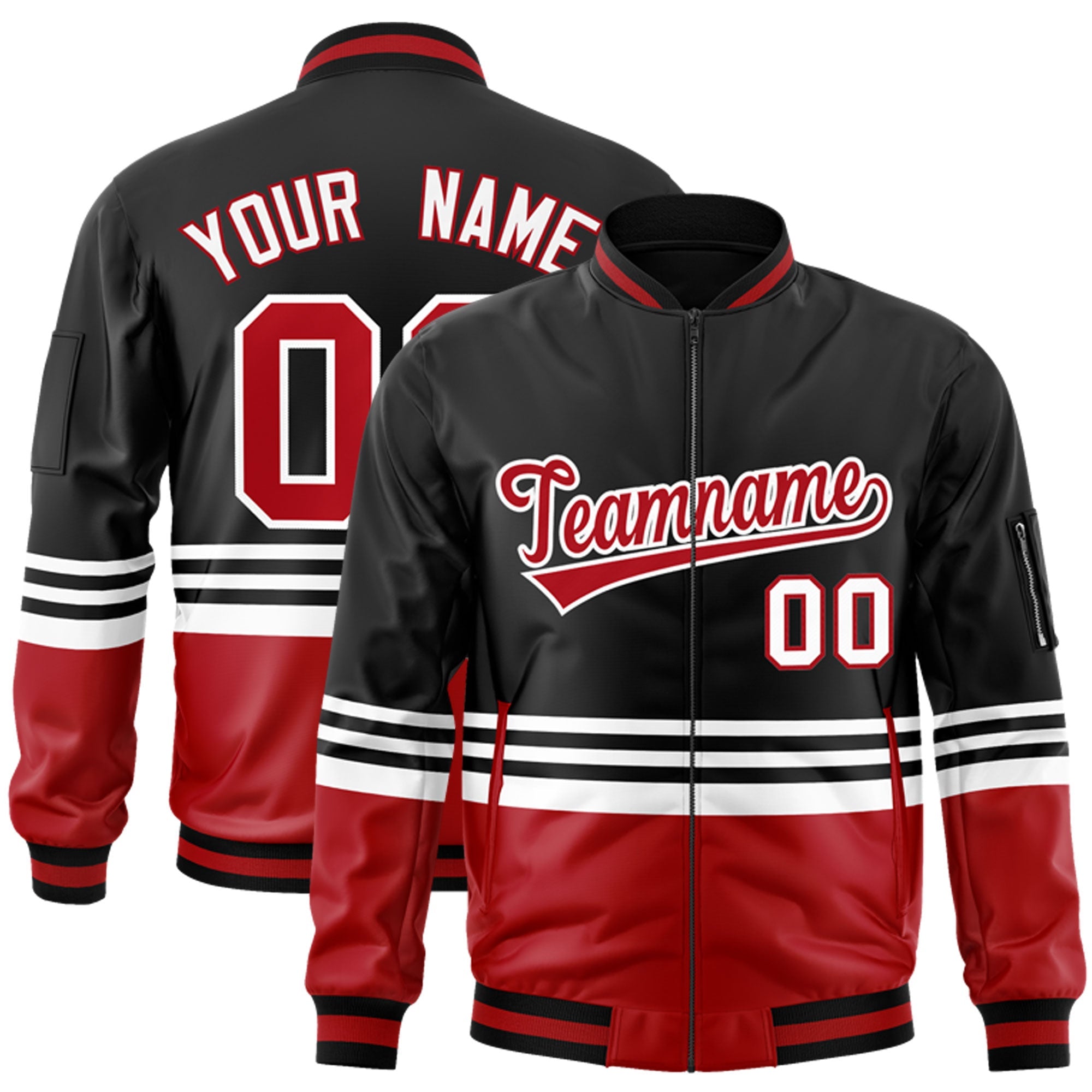 Custom Black Red-White Varsity Full-Zip Color Block Letterman Bomber Jacket