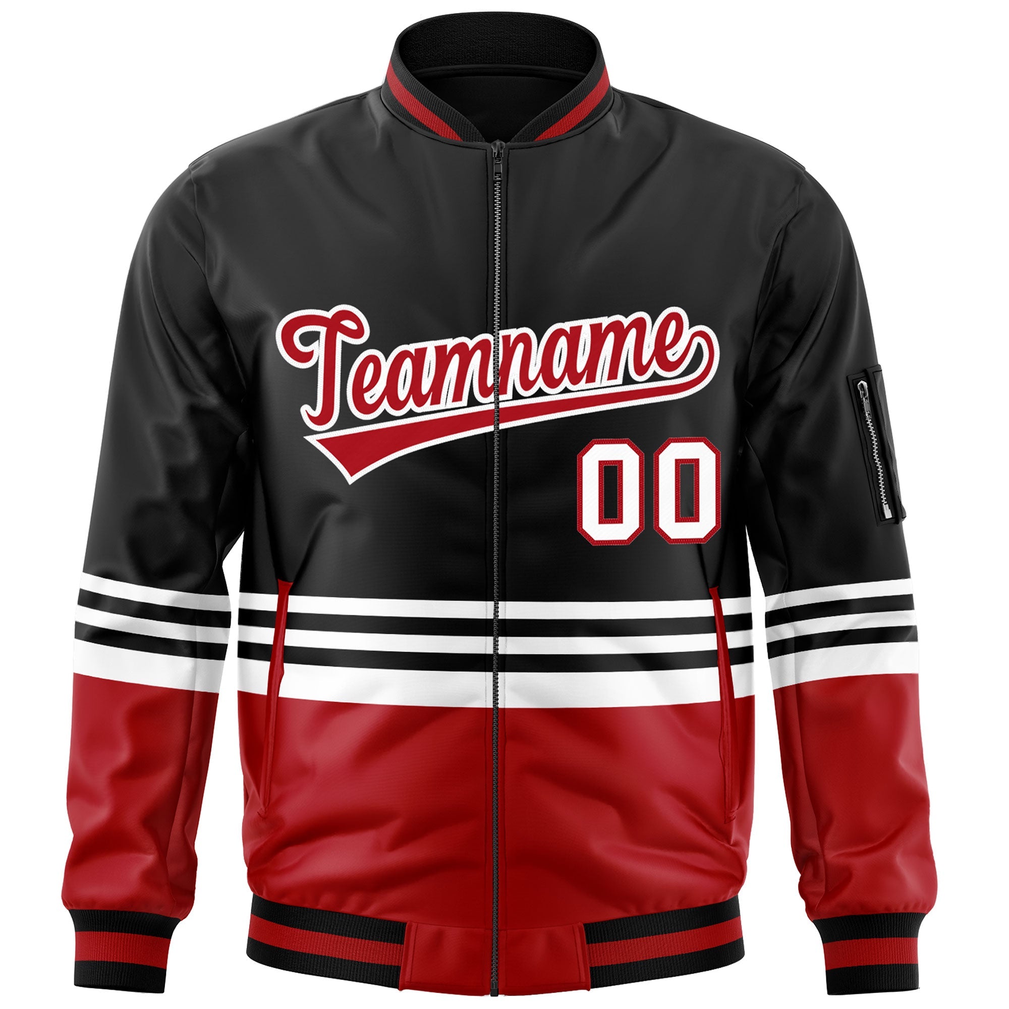 Custom Black Red-White Varsity Full-Zip Color Block Letterman Bomber Jacket