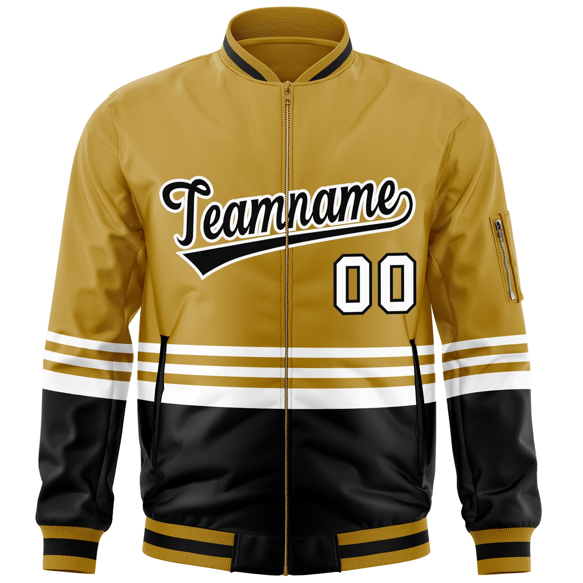 Custom Old Gold Black-White Varsity Full-Zip Color Block Letterman Bomber Jacket