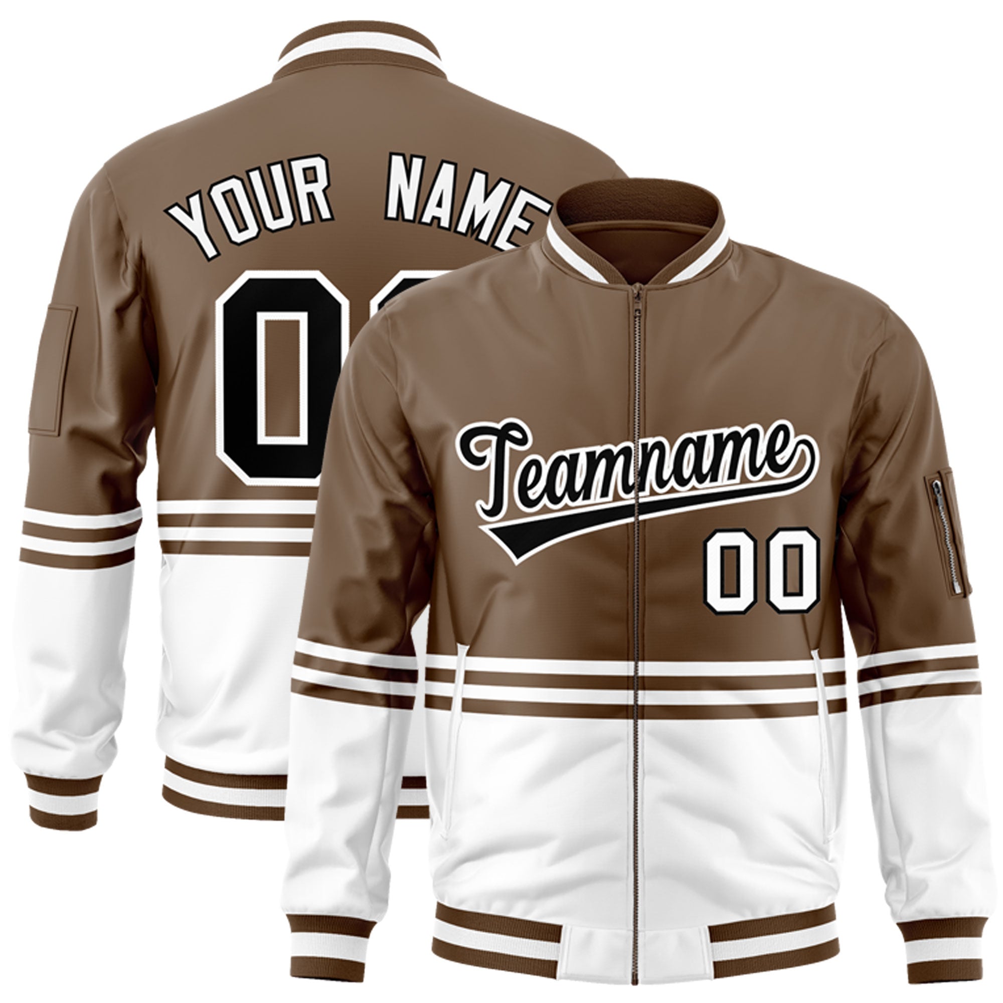 Custom Brown Black-White Varsity Full-Zip Color Block Letterman Bomber Jacket